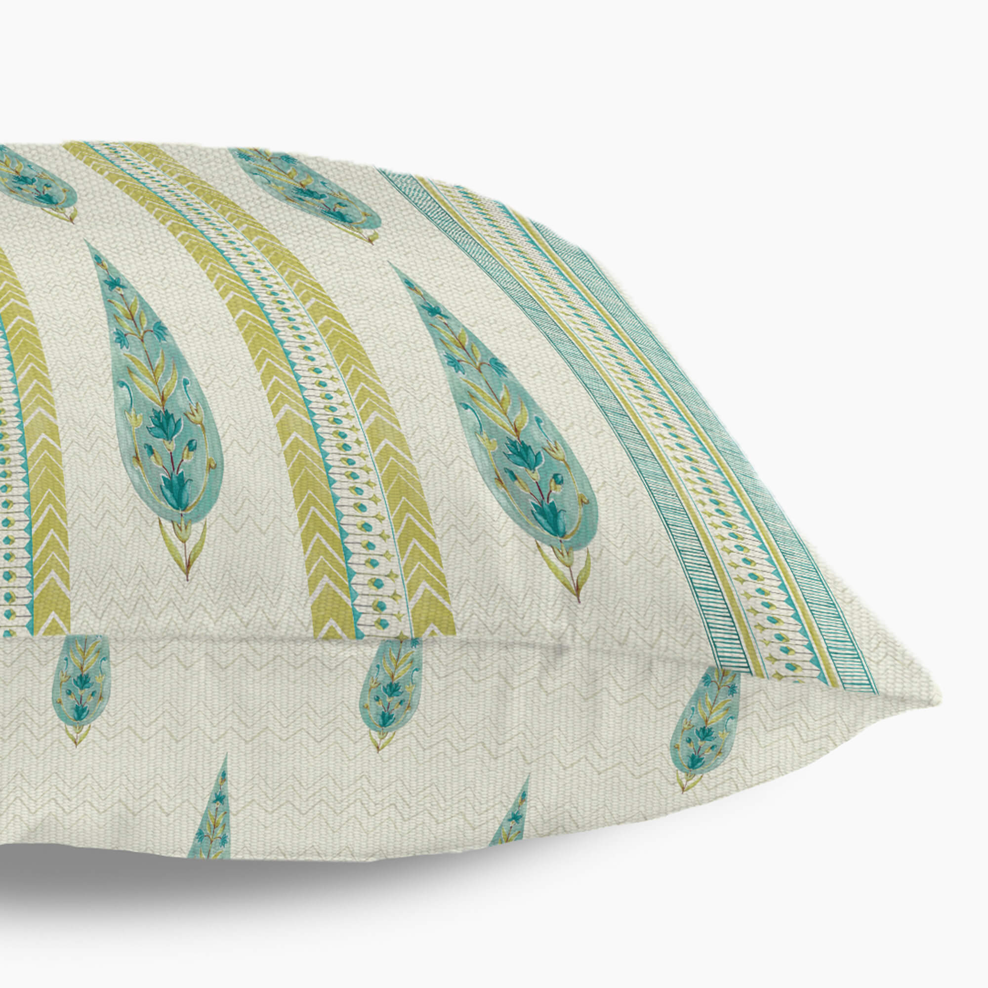Indian Botanical Reversible Stripe Digital Printed Cushion Cover 40x40 Cm in Aqua Colour