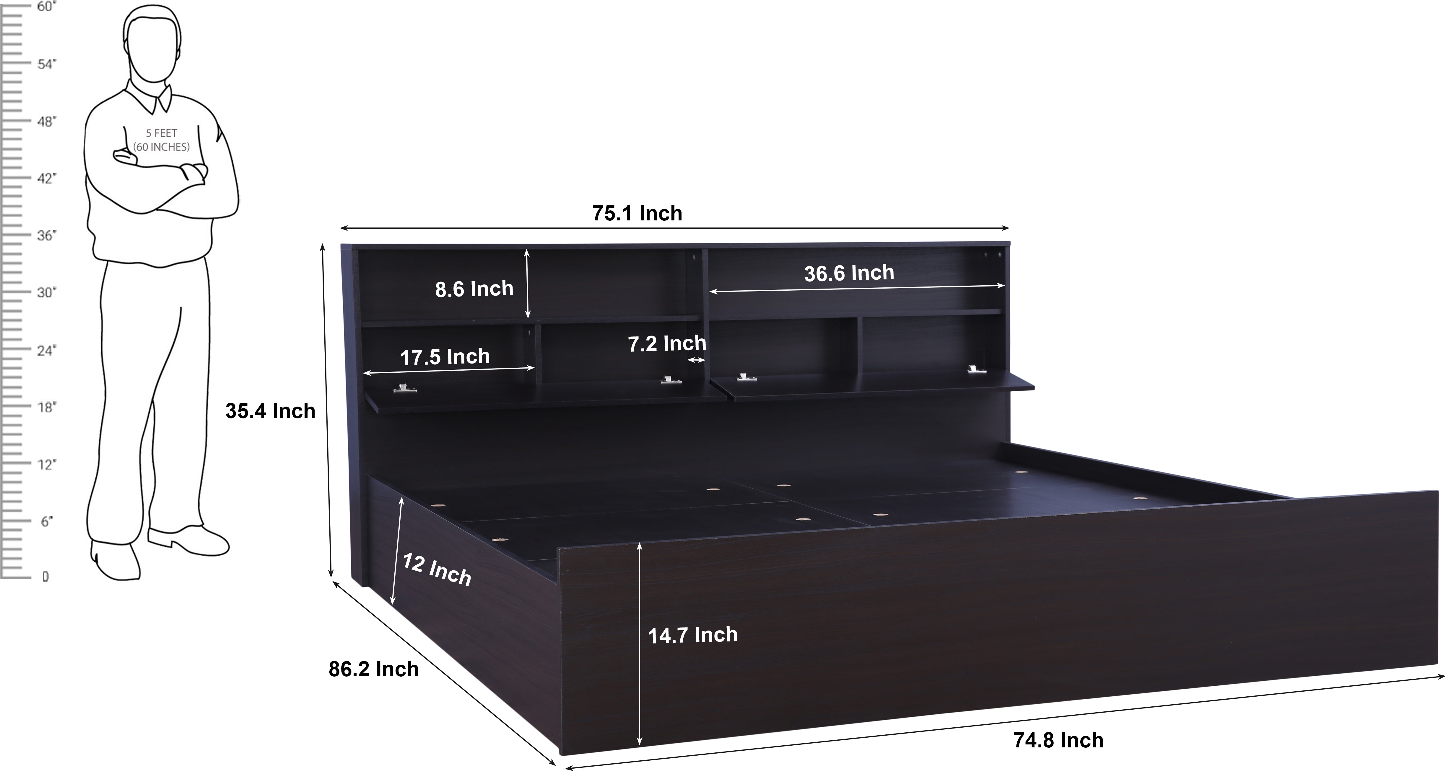 Alex King bed with Box storage in Dark Walnut Colour