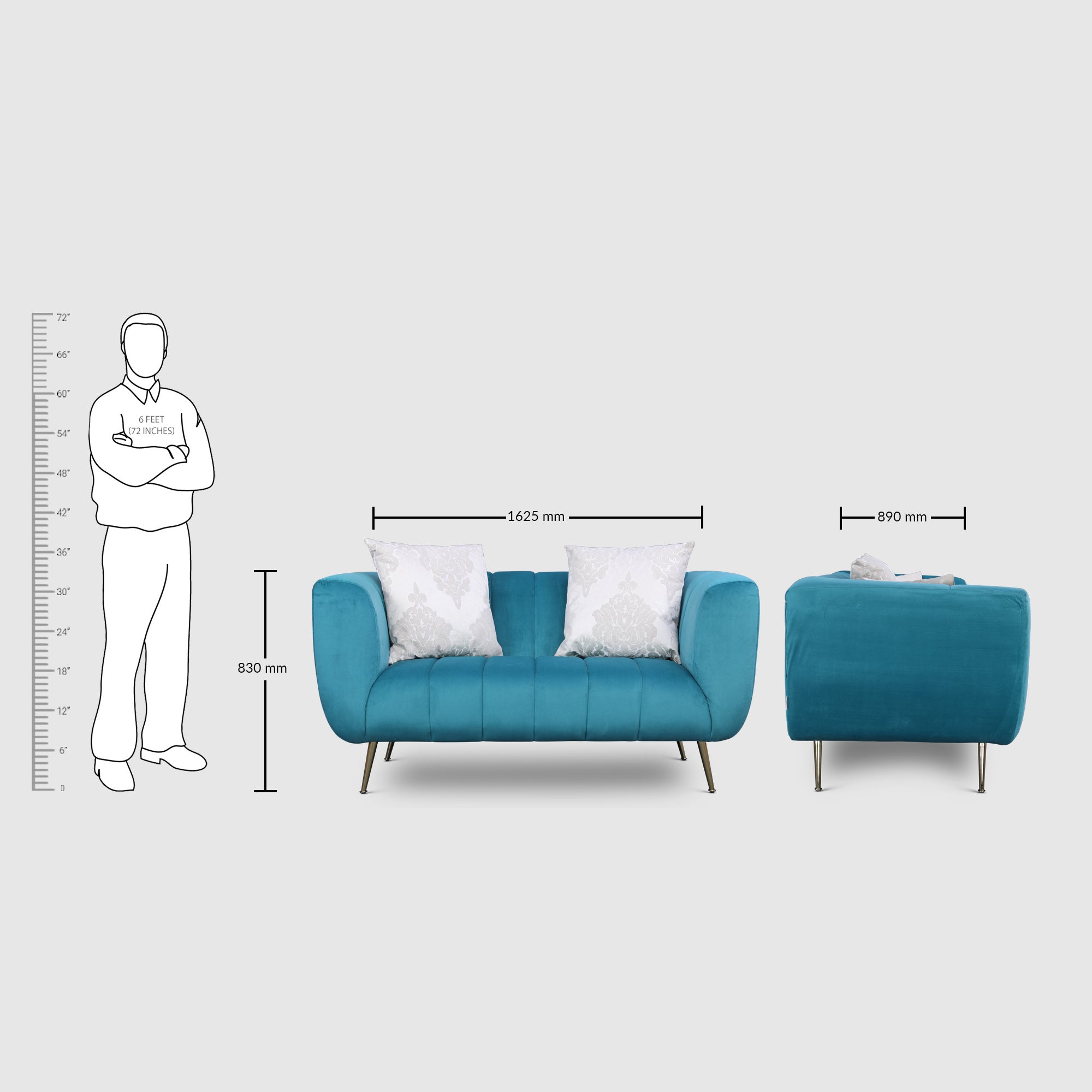 Catalina Velvet Two Seater Sofa in Teal Colour