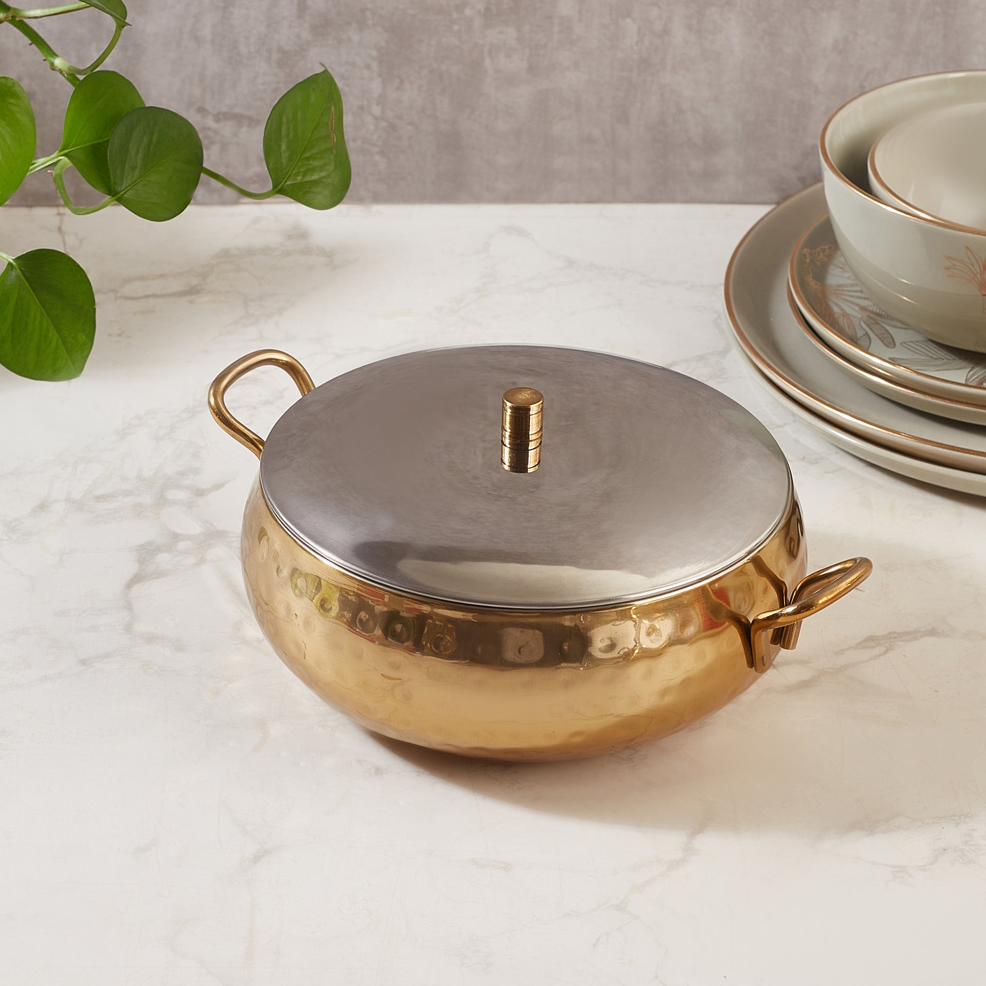 Sapphire Stainless Steel Hammered Serving Handi with Lid in Gold & Silver Colour by Living Essence