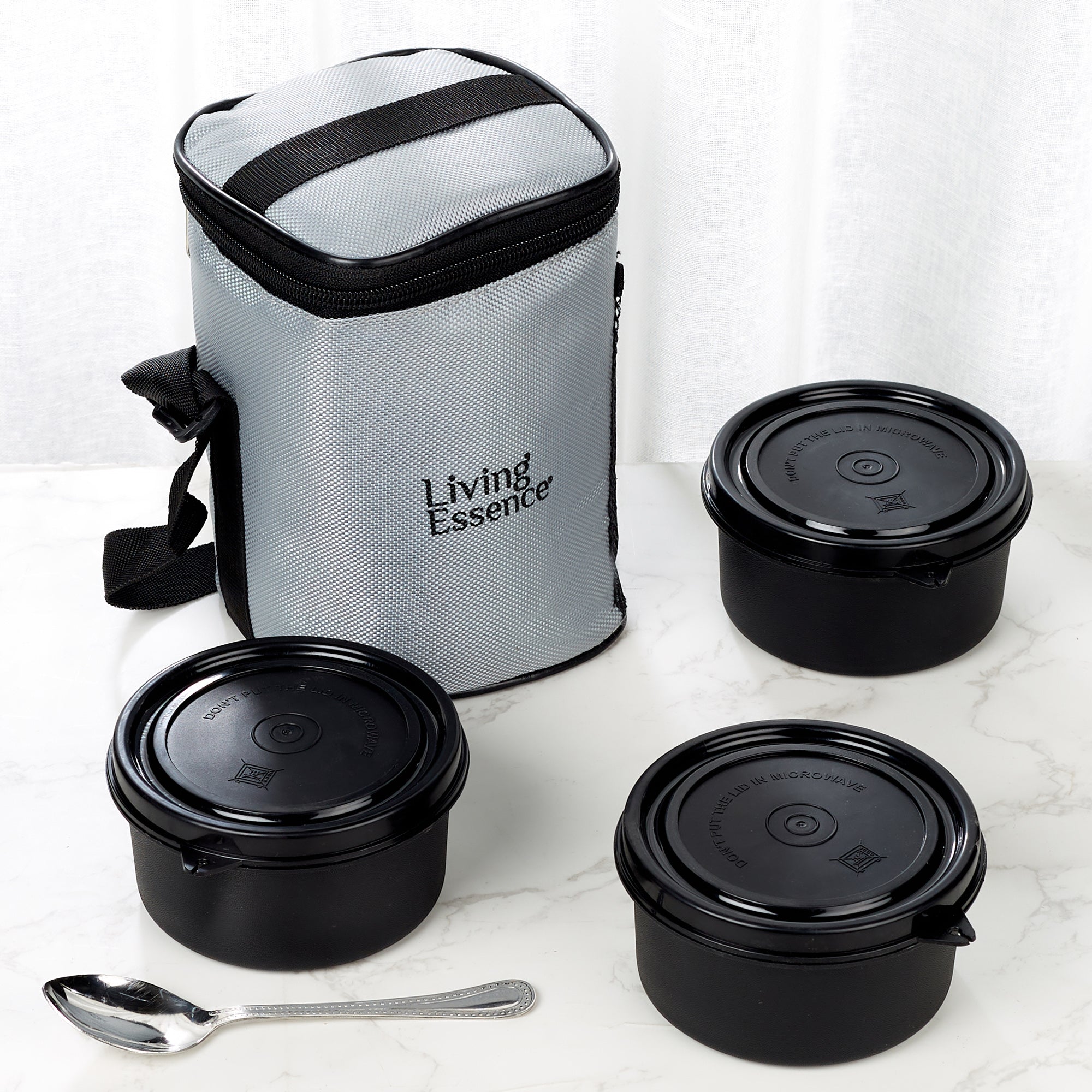 Microsafe 100% BPA Free Plastic & Stainless Steel Terra Lunch Box 400ml Set of 3 + Spoon + Carry Bag in Grey Colour