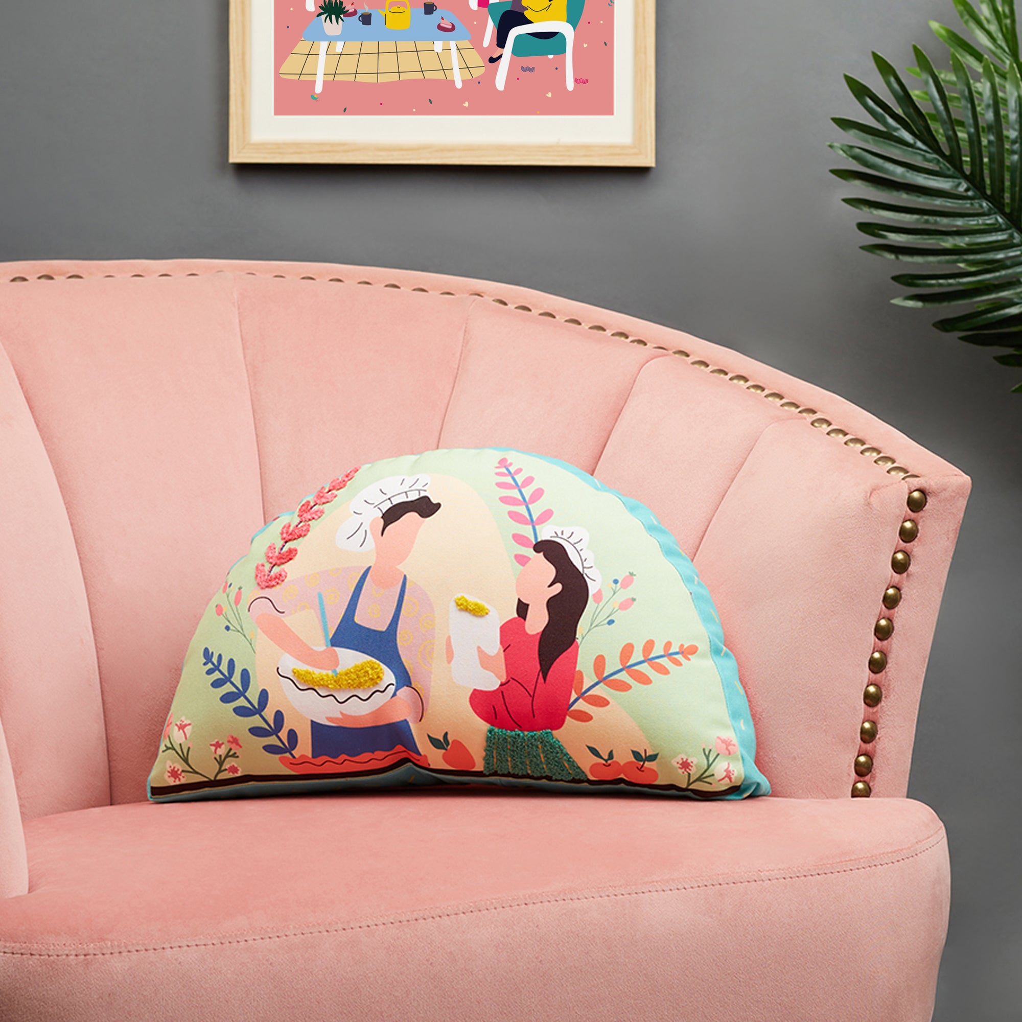 Good Life  Reversible Cooking Together Digital Printed Shaped Cushion 27x47 Cm in Fuchsia Colour