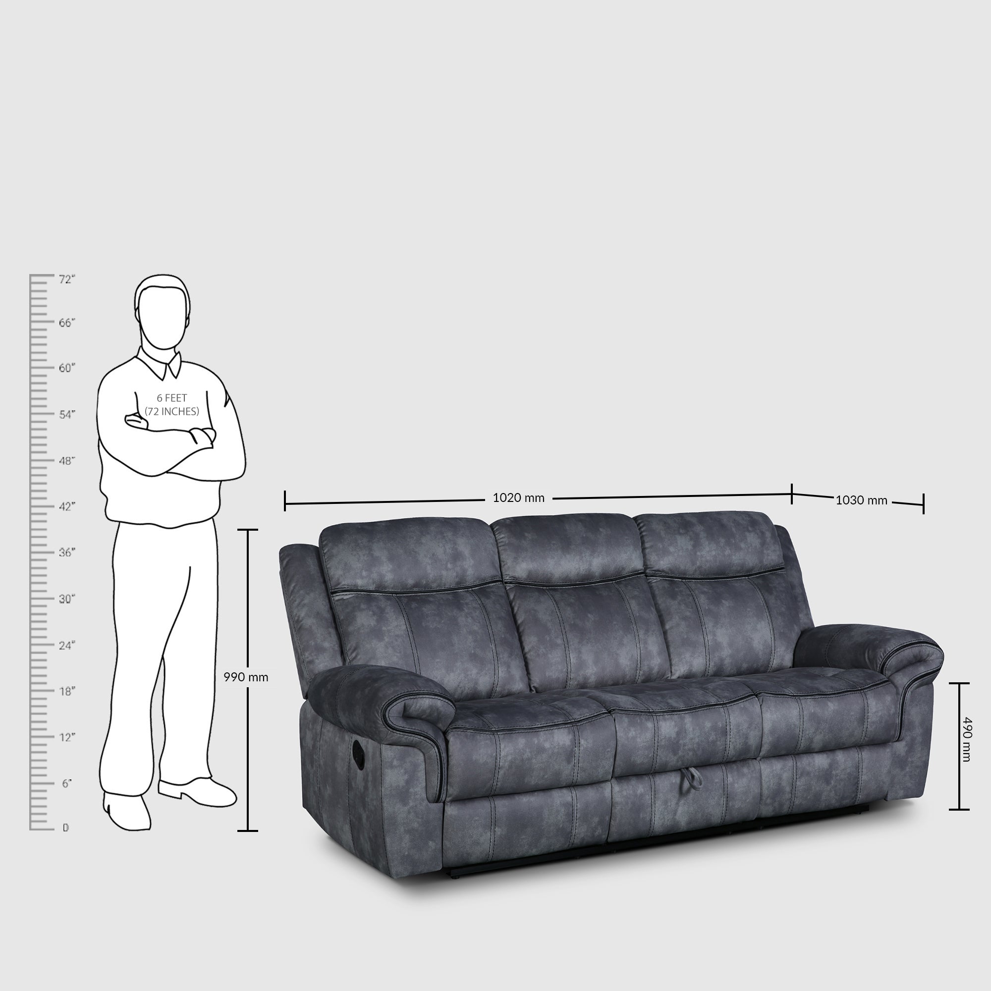 Enfield Fabric 3 Seater Recliner in Grey Colour