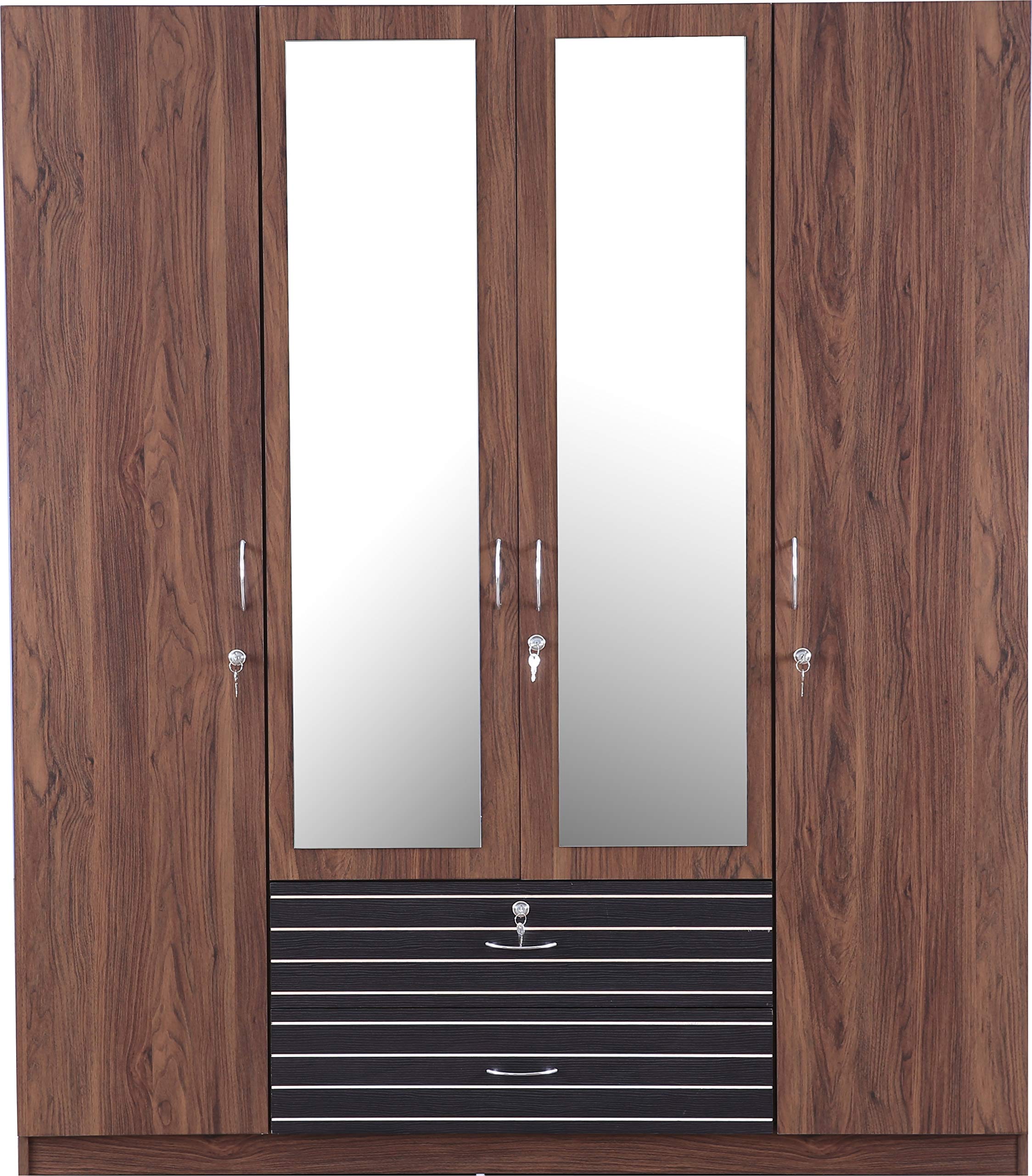 Molly Engineered Wood Four Door Wardrobe with Mirror in Walnut Finish