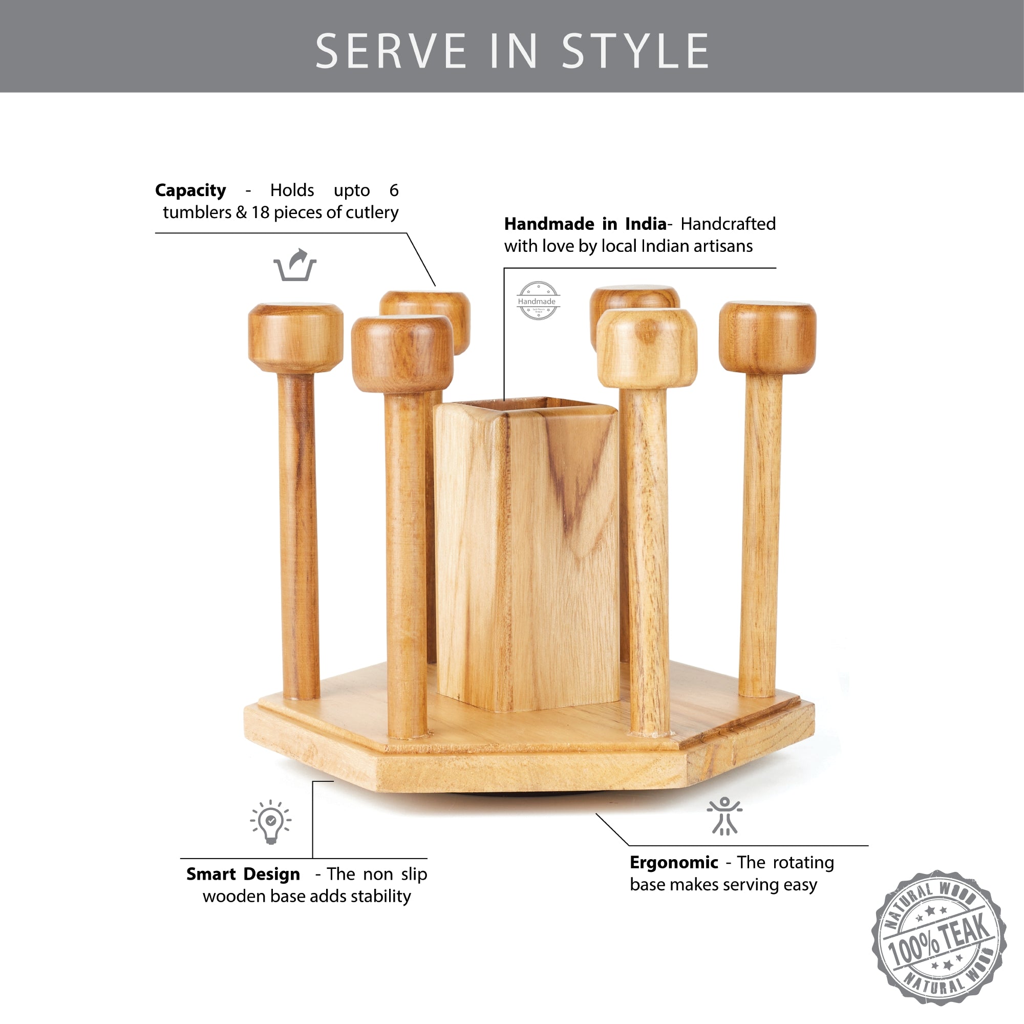 Beautiful Kitchen Wood Drinking Glass & Cutlery Holder Stand in Brown Colour
