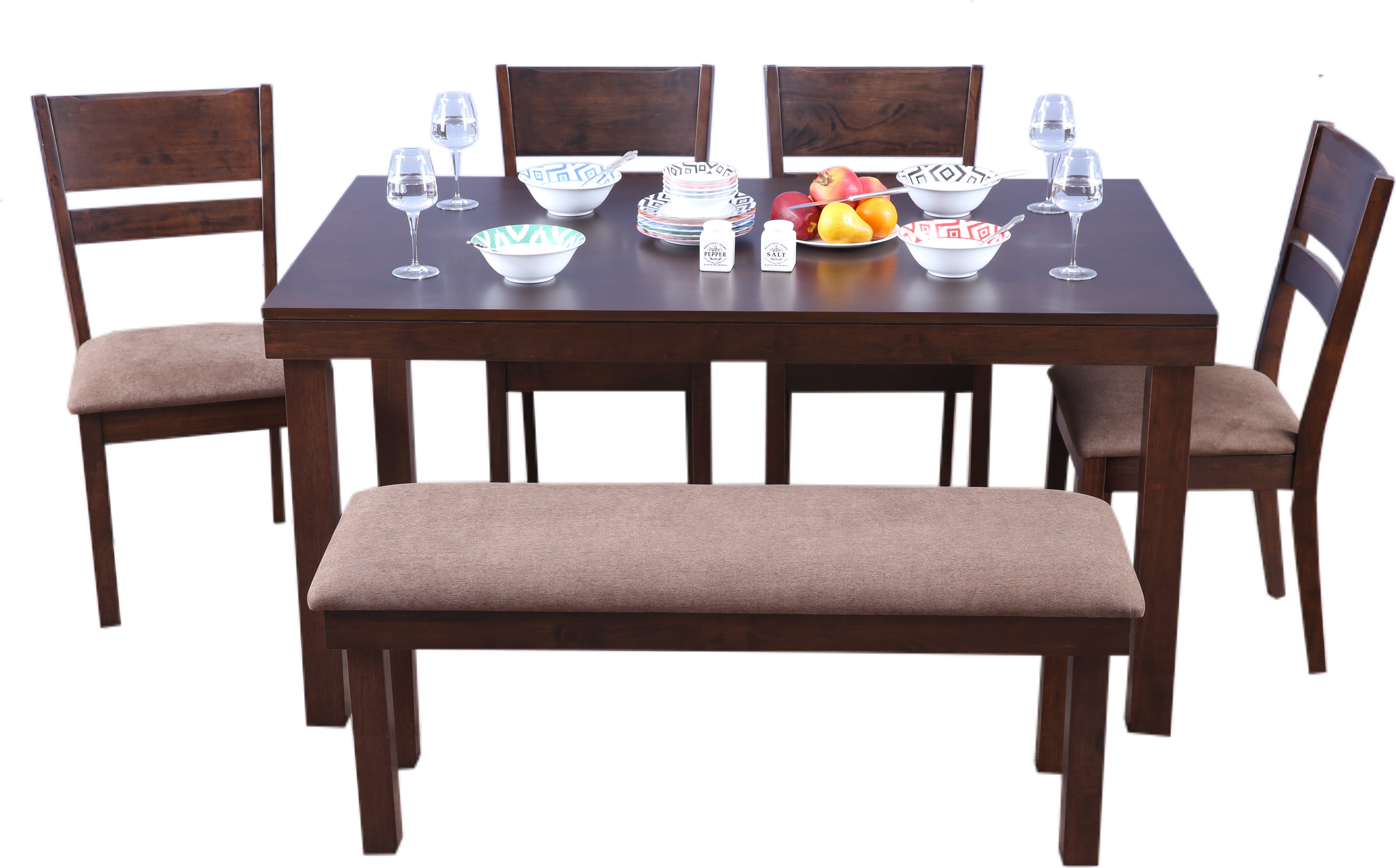 Hopton Solidwood 6 Seater Dining Set With Bench in Walnut Colour