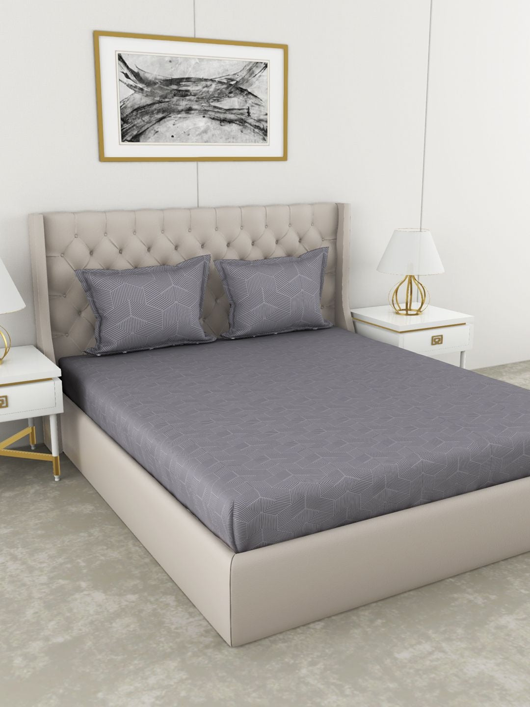 Botanical Cotton King Bed Sheet 274X274 Cm 210 Tc in Grey Colour