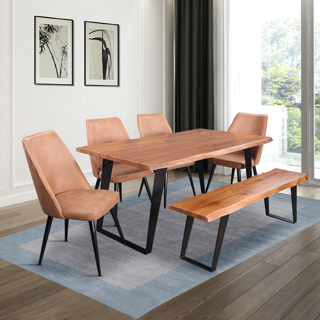 Arduous Acacia Wood Six Seater Dining Set With Bench in Natural Colour