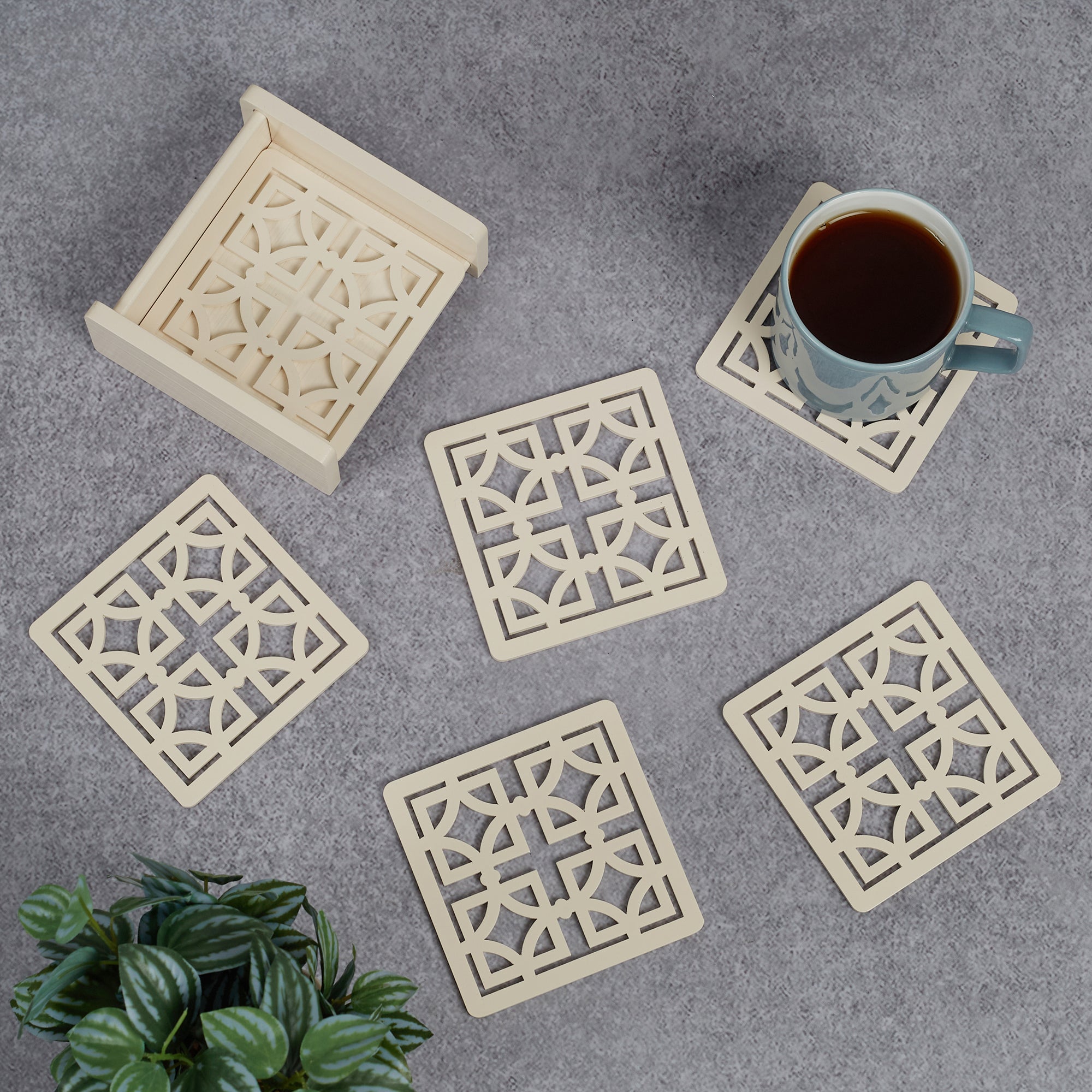 Laser Engineered Wood Coaster Set Of 6 in Multi Colour