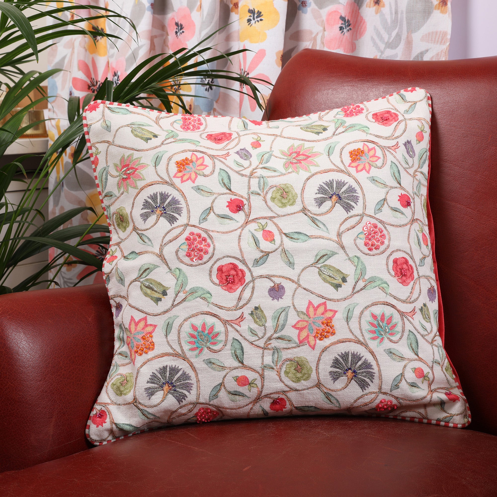 Indian Botanical Cotton Cushion Cover 45x45 cm in Multi Pink Colour