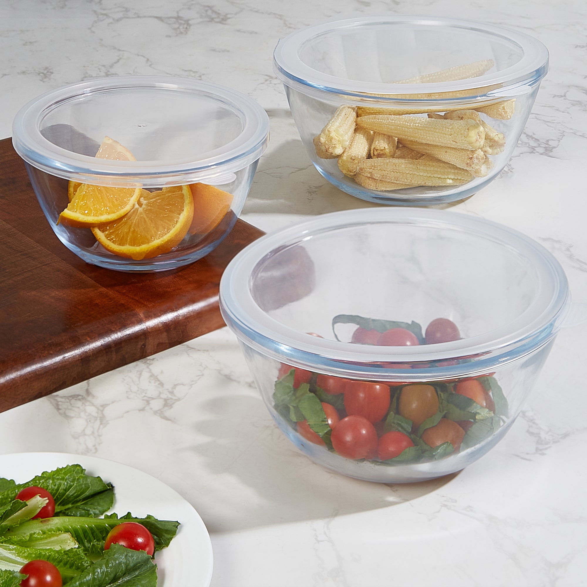 Fiesta Borosilicate Glass Mixing Bowl with Lid Set of 3 in Clear Colour