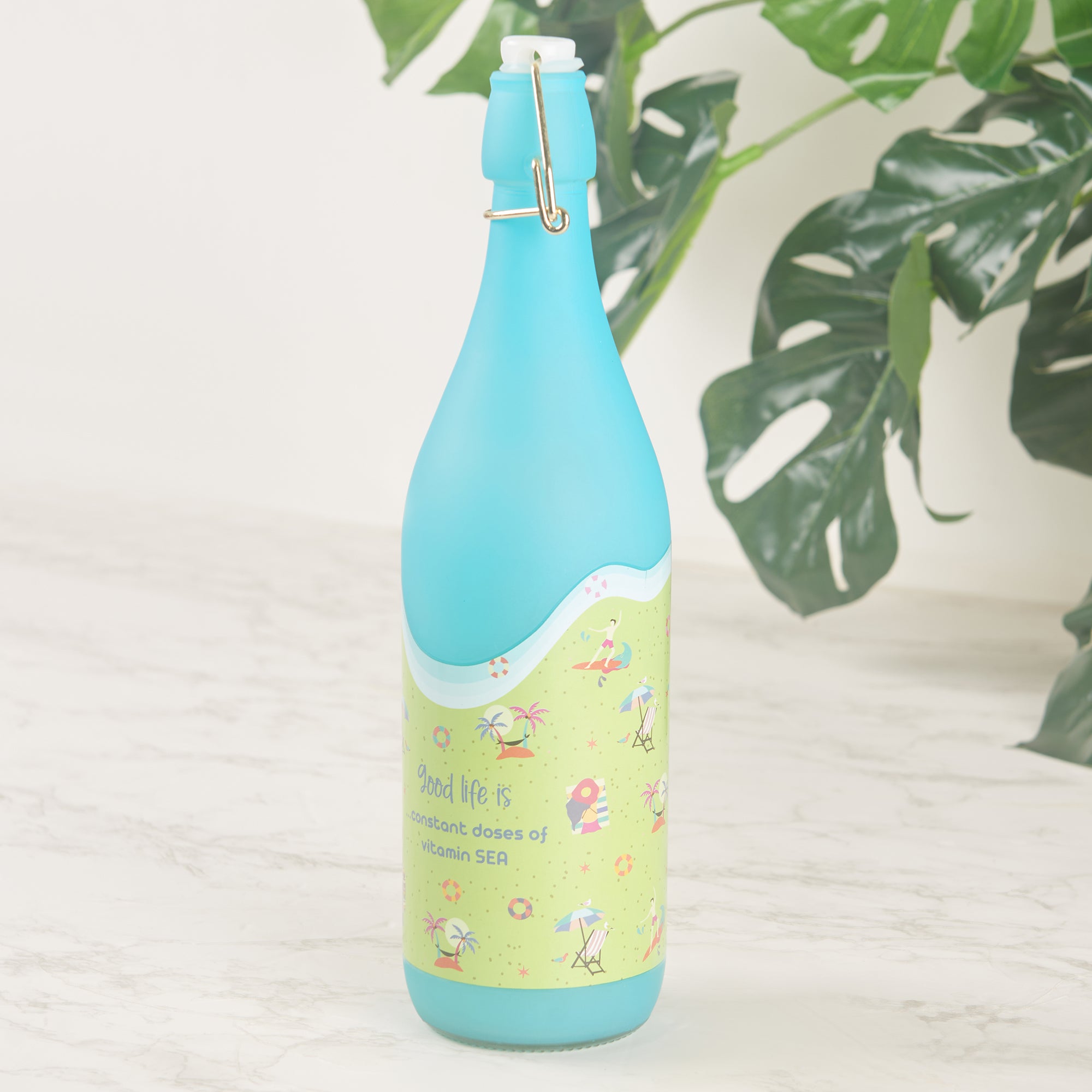Good Life Glass Frosted Bottle 1 Ltr in Blue Colour