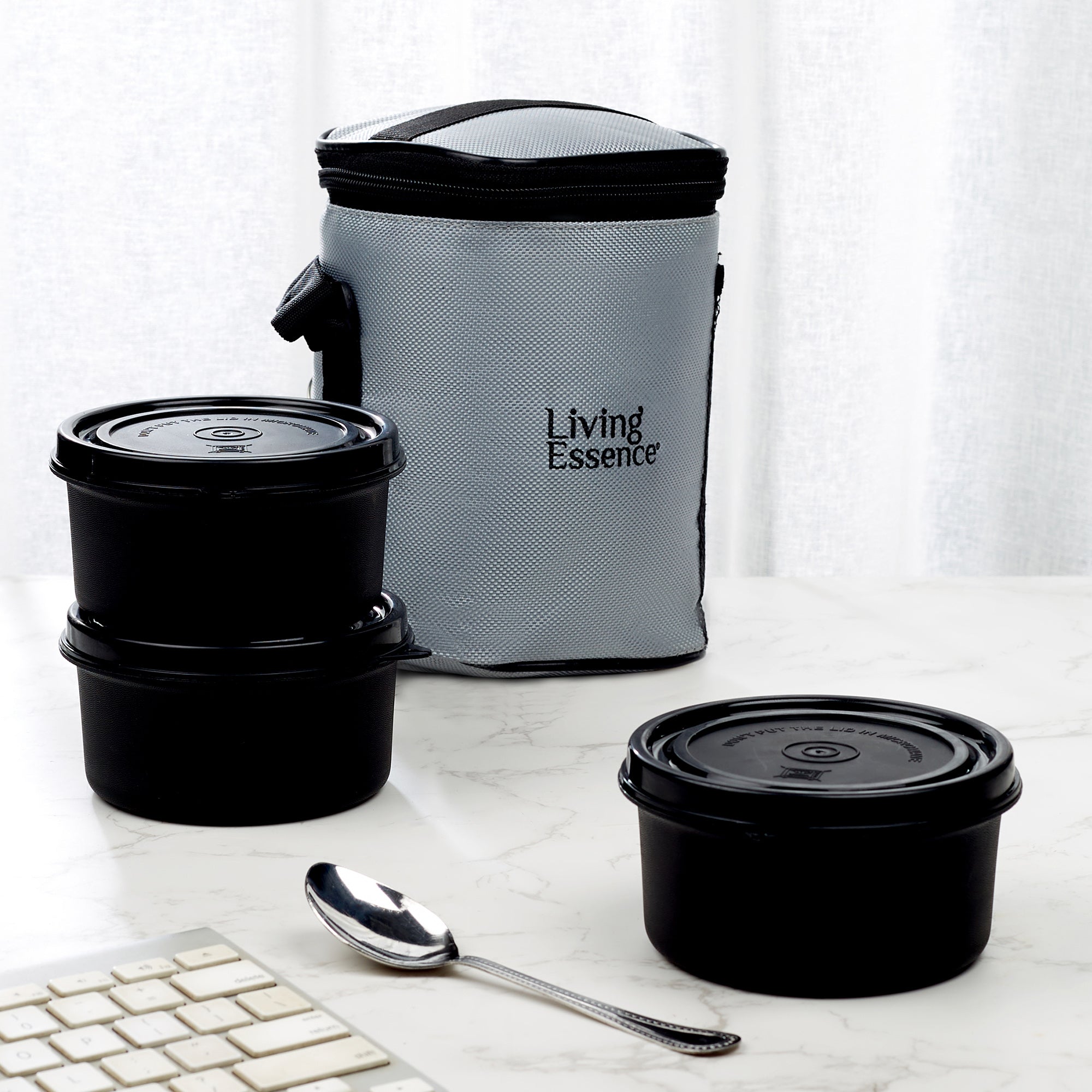 Microsafe 100% BPA Free Plastic & Stainless Steel Terra Lunch Box 400ml Set of 3 + Spoon + Carry Bag in Grey Colour