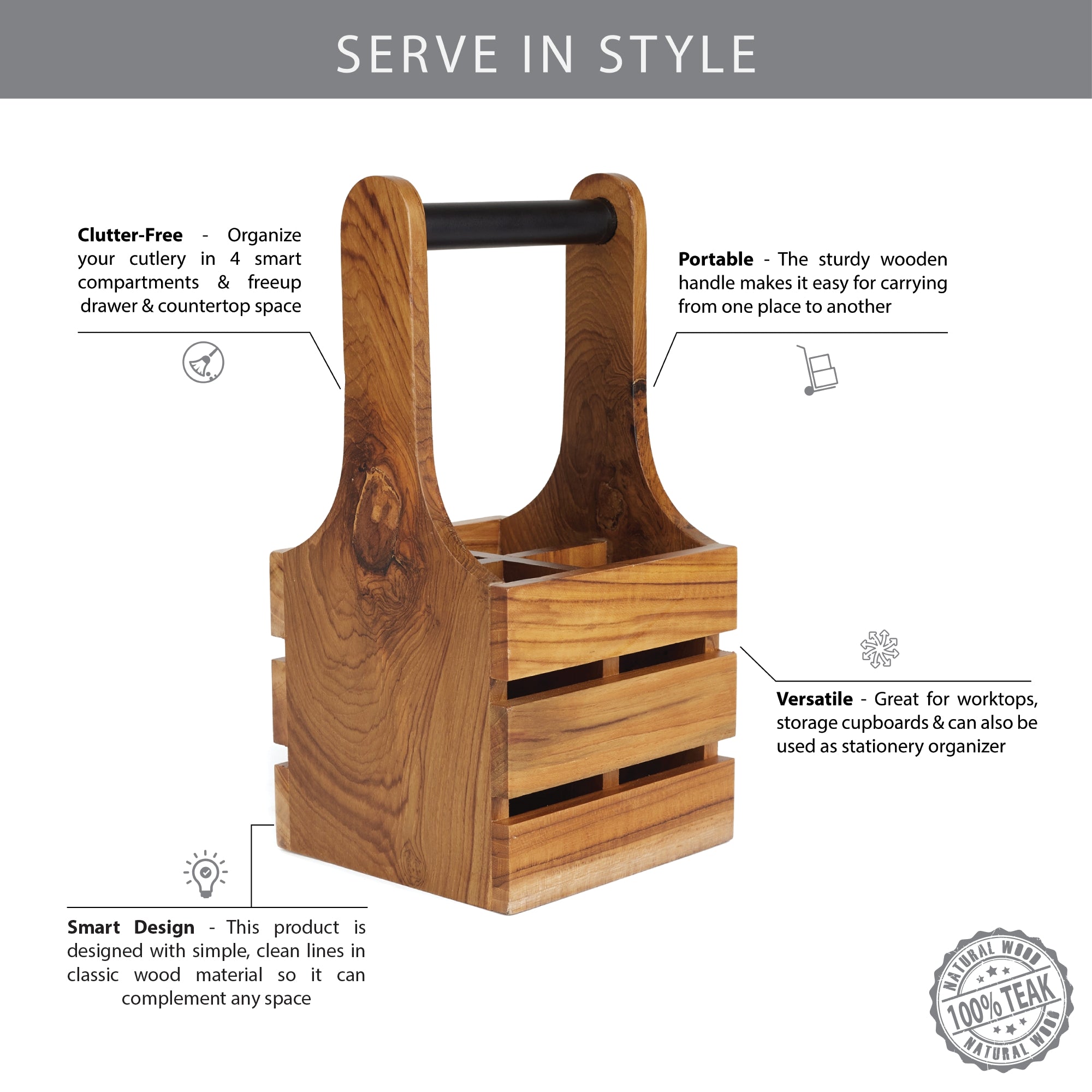 Beautiful Kitchen Wood Cutlery Stand in Brown Colour