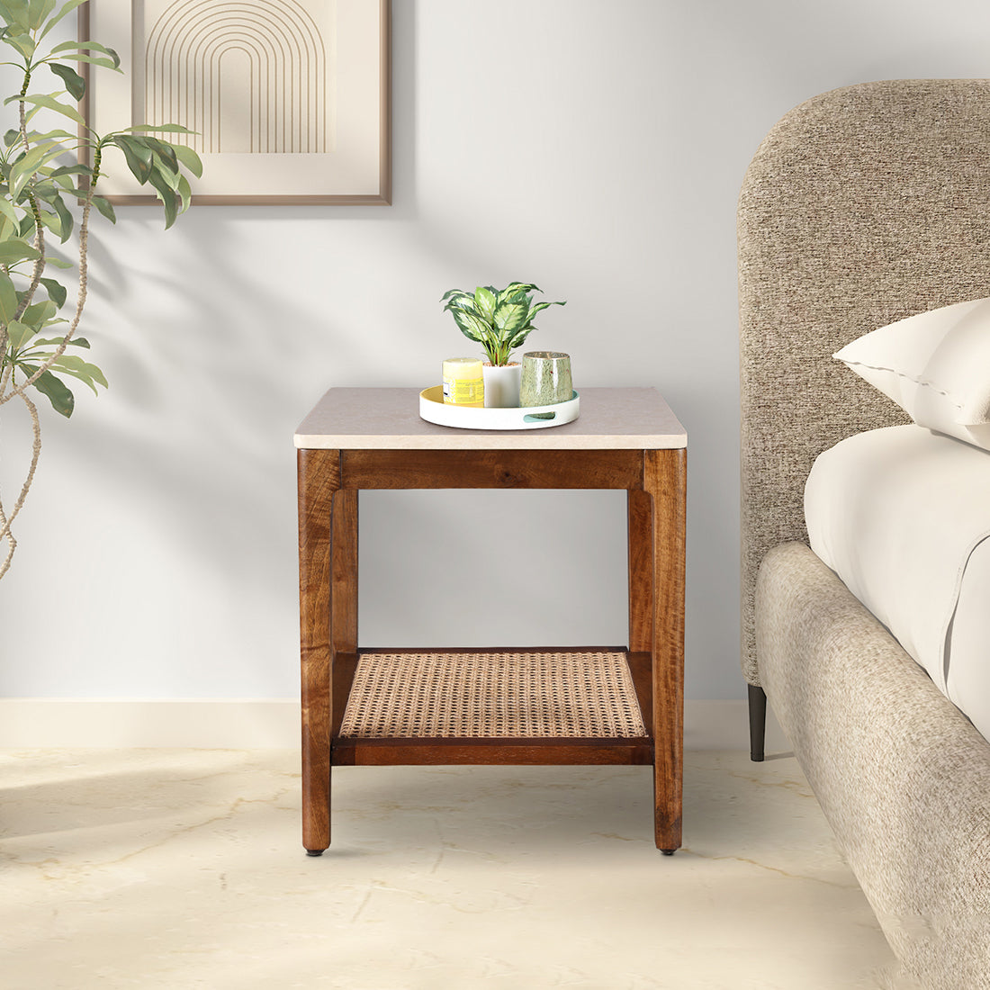 Siam Acacia Wood Side Table in Beige Colour