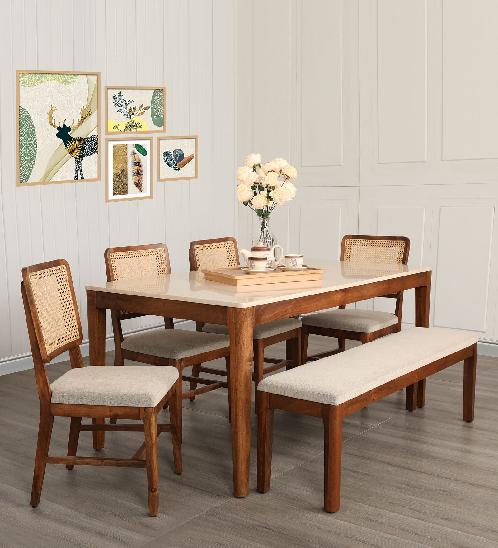 Siam Marble Top Six Seater Dining Set in Walnut Colour