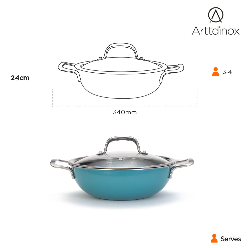 Vida Triply Kadhai 24cm Teal  with Glass Lid