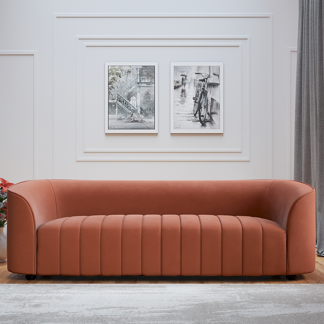 Elise Velvet Fabric Three Seater Sofa in Rust Colour