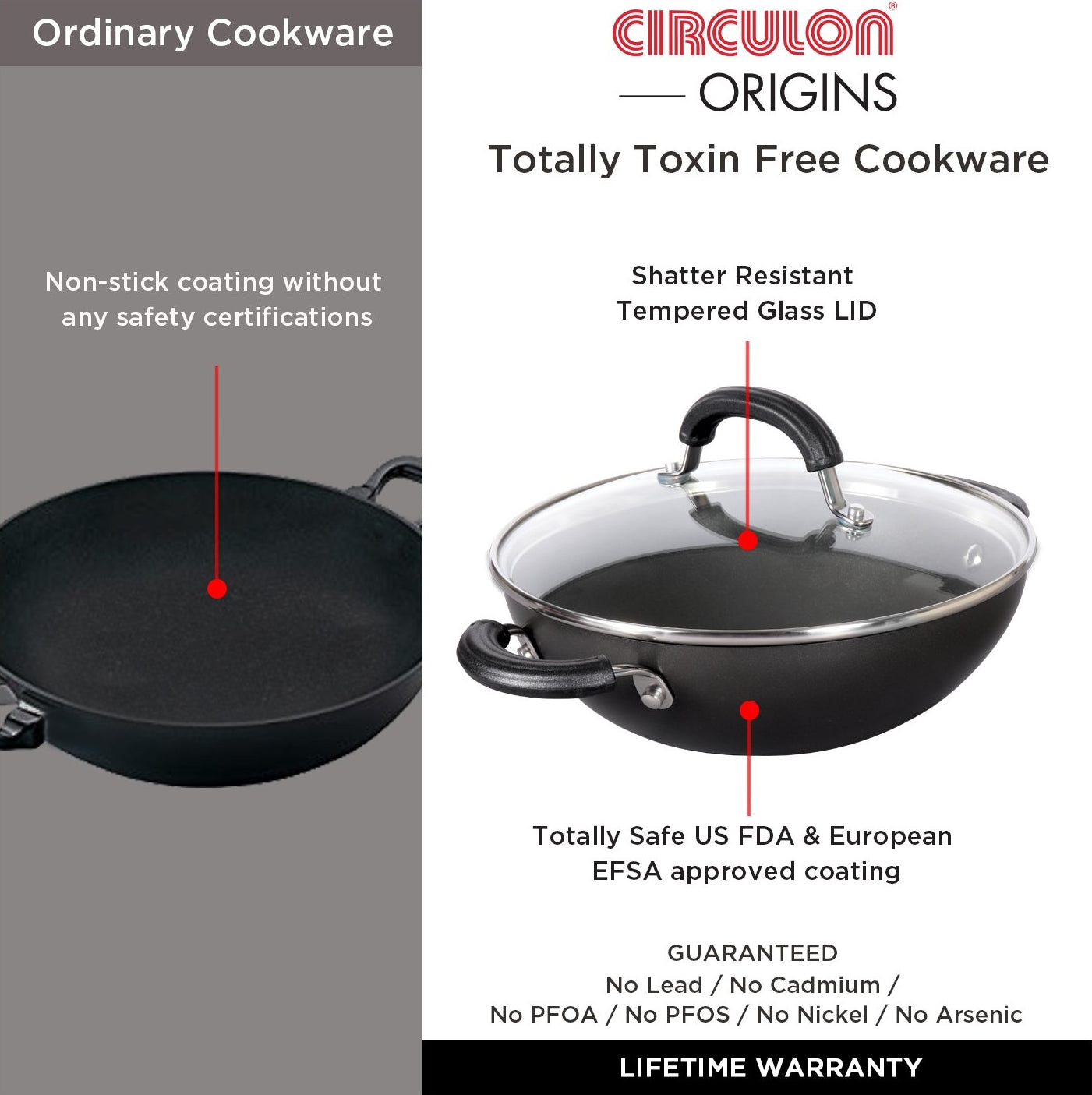 Circulon Origins Hard Anodized Aluminium Non Stick Kadai With Glass Lid 30Cm in Black Colour