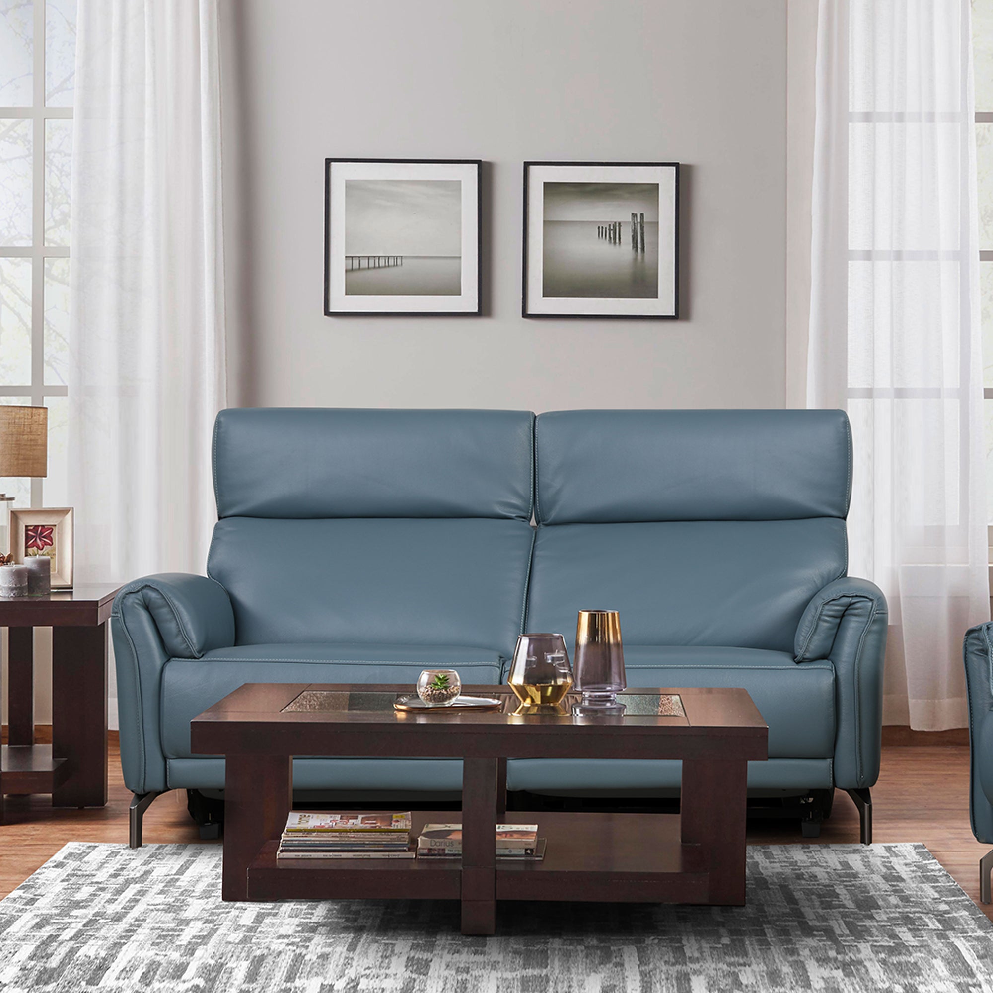 Emilia Half Leather Three seater Electric Recliner in Blue Colour