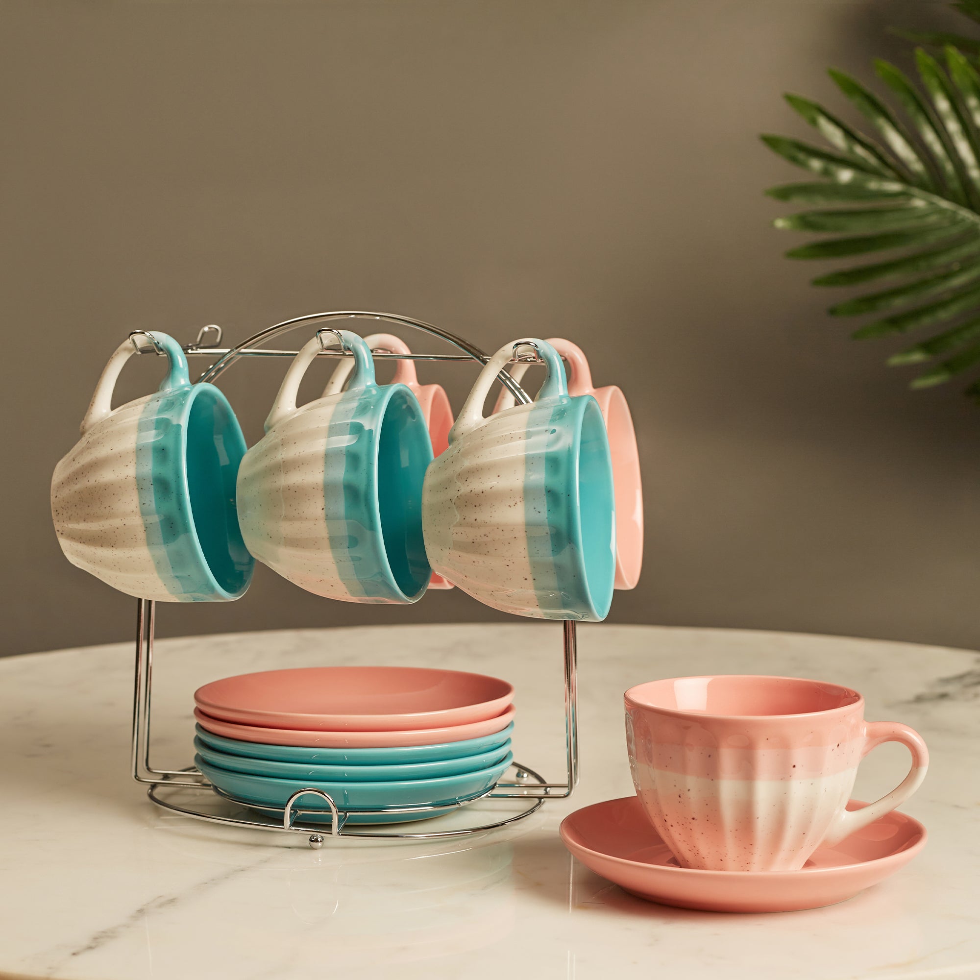 Emilia Ceramic Cup & Saucer Set Of 12 With Metal Stand in Blue & Pink Colour