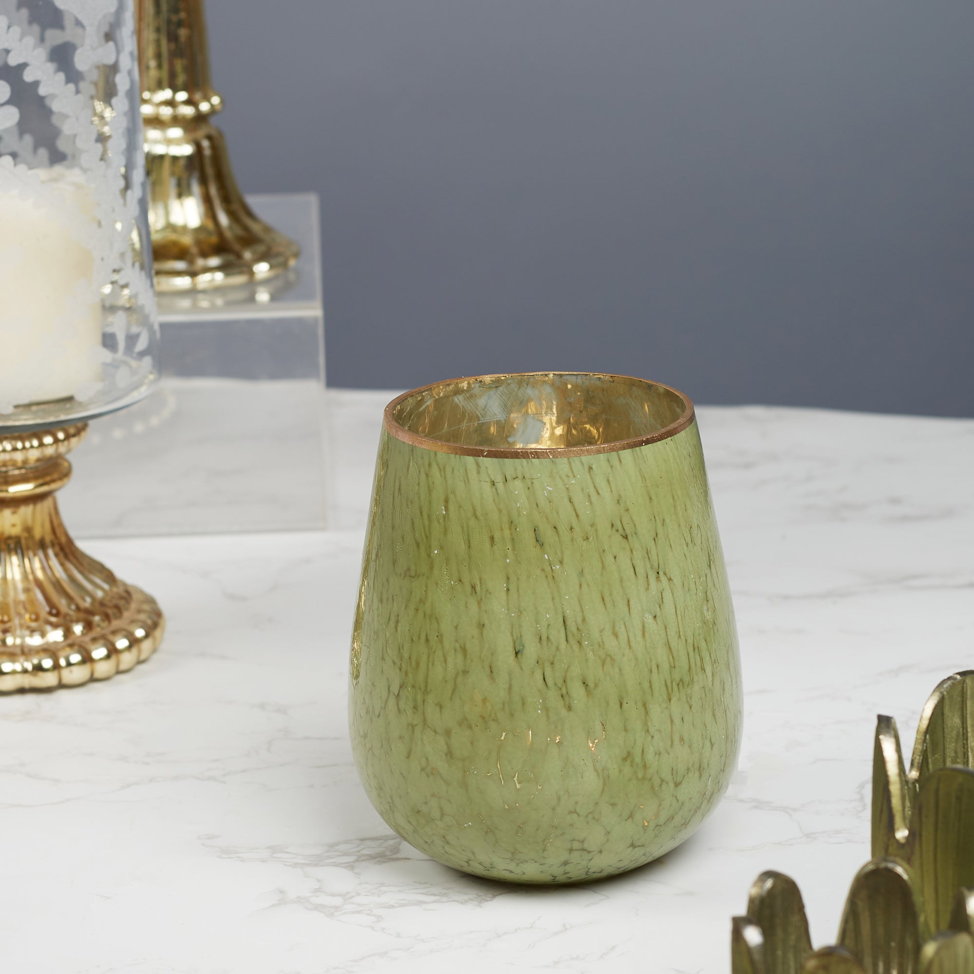 Phiona Glass Textured Handcrafted Vase 15 Cm in Olive Colour