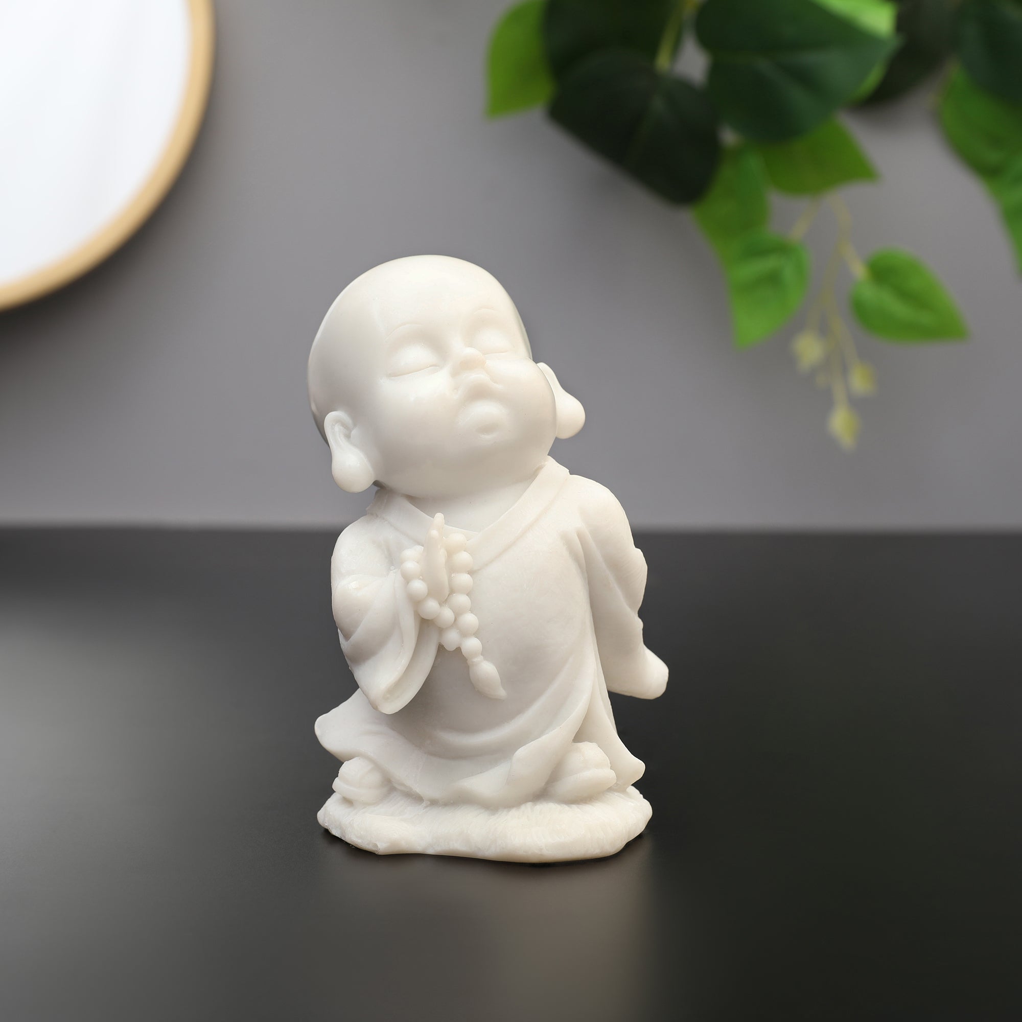NAQSH MONK WITH MALA IN RIGHT HAND, POLYRESIN HAND FINISHED FIGURINE WHITE BY LIVNG ESSENCE