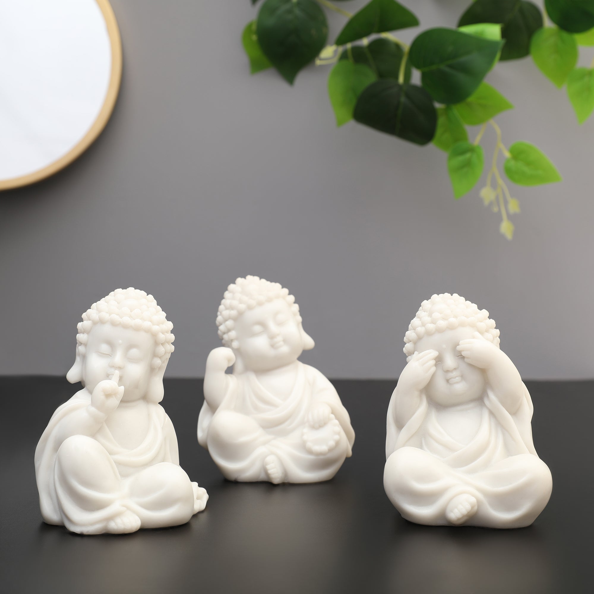 NAQSH SET OF 3PIECE MONK, POLYRESIN HAND FINISHED FIGURINE WHITE BY LIVNG ESSENCE