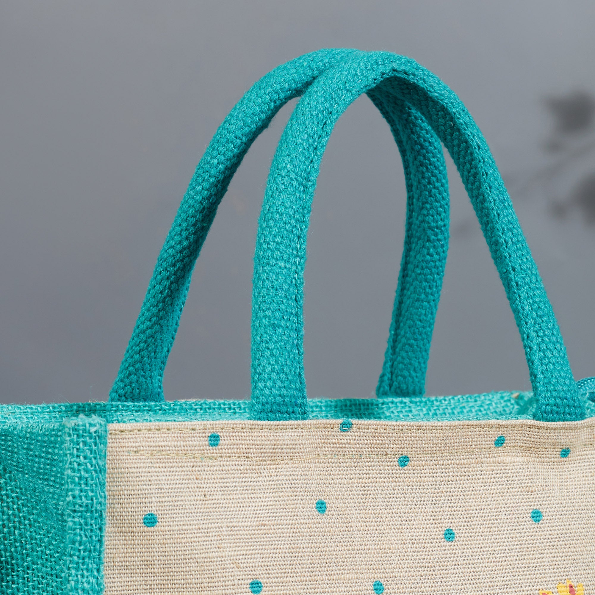 Good Life Jute Reversible Wanderlust Printed Lunch Bag 25.5 x 25.5 Cm in Turq Colour