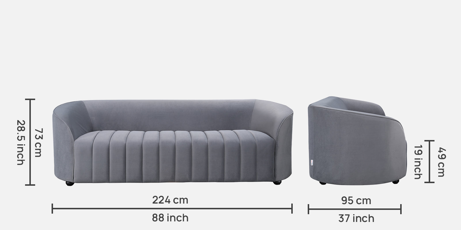 Elise Velvet Fabric Three Seater Sofa in Dark Grey Colour