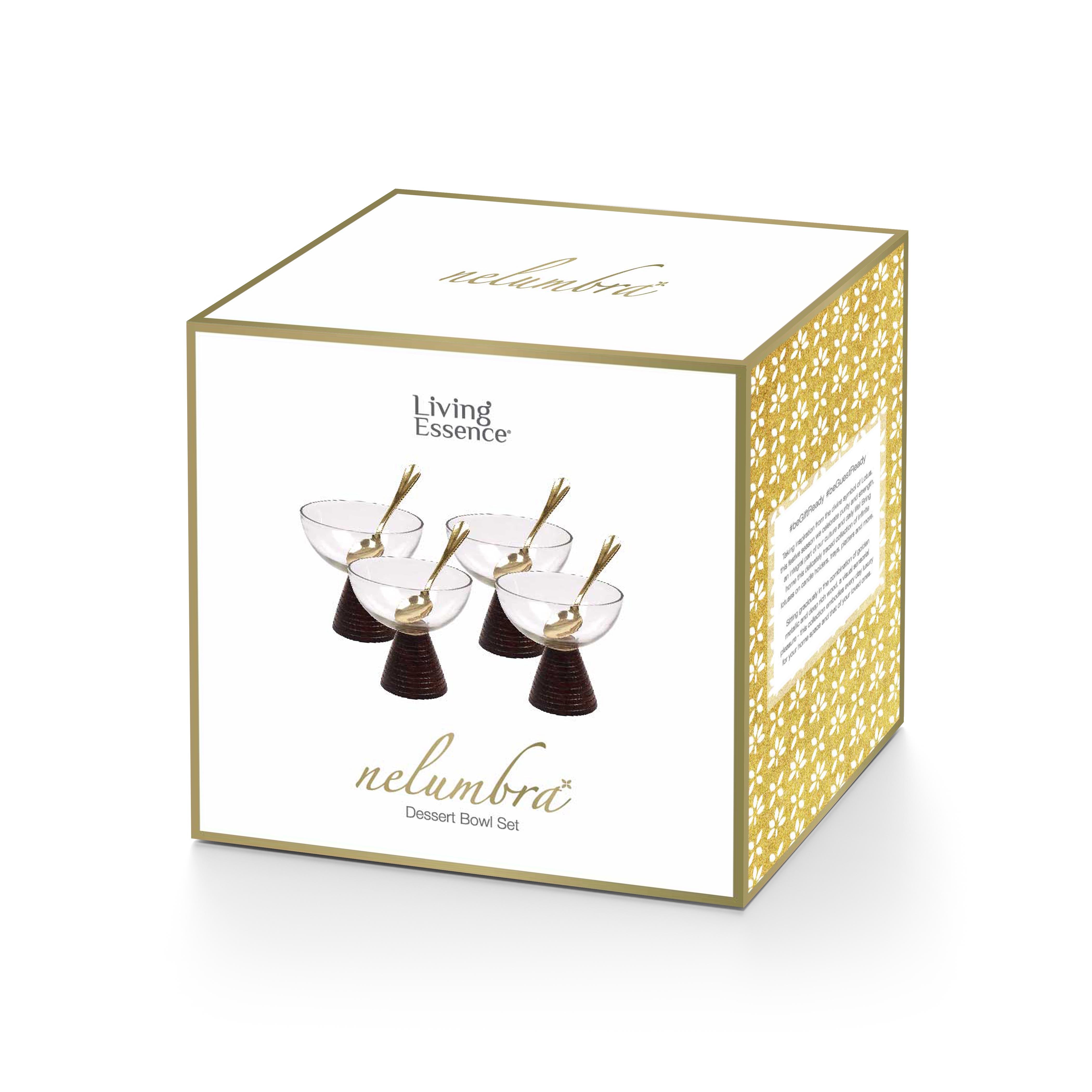 Living Essence Ice Cream Glass Bowl with Wooden base Set of 4 with Spoons