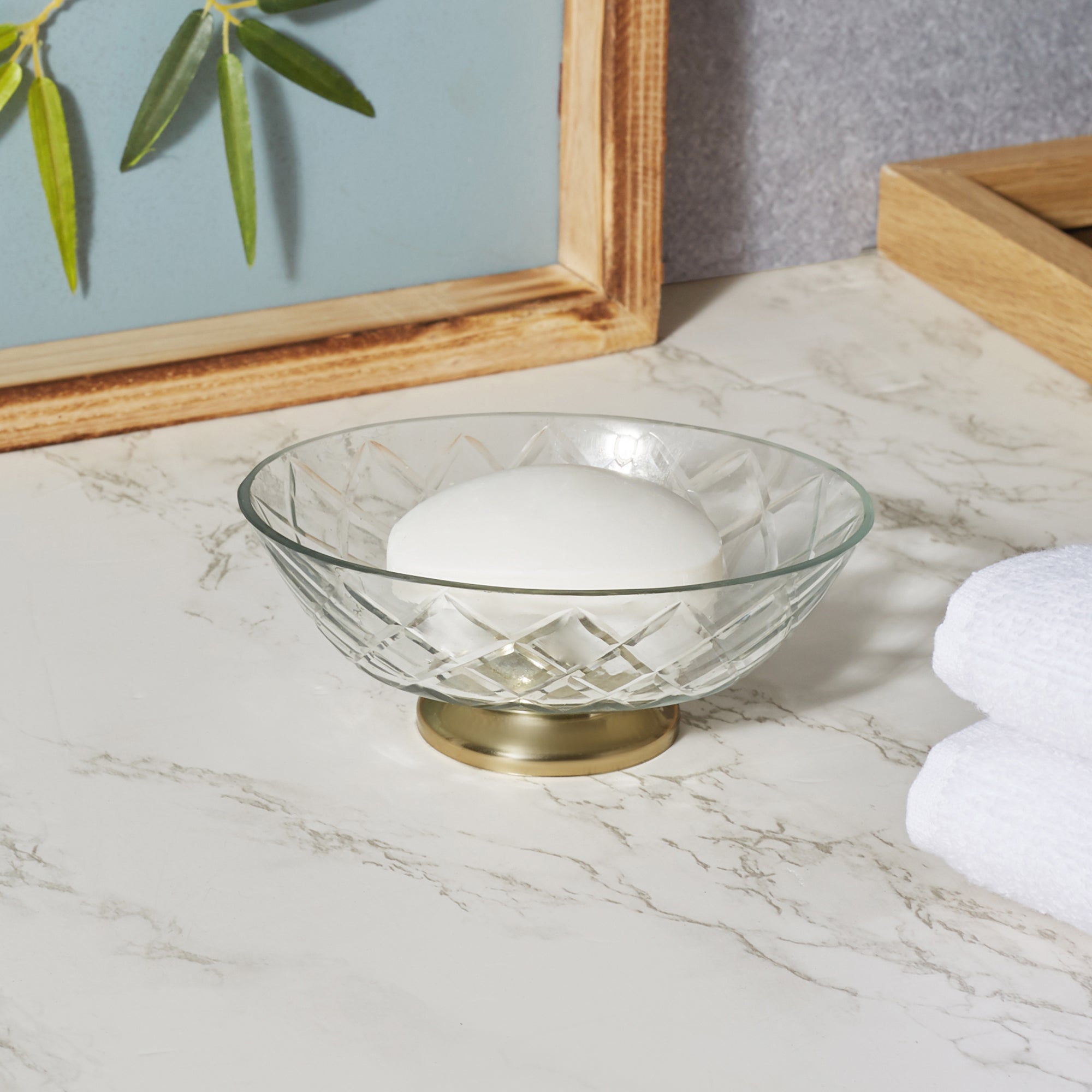 Nora Glass Cut Work Soap Dish in Transparent Colour