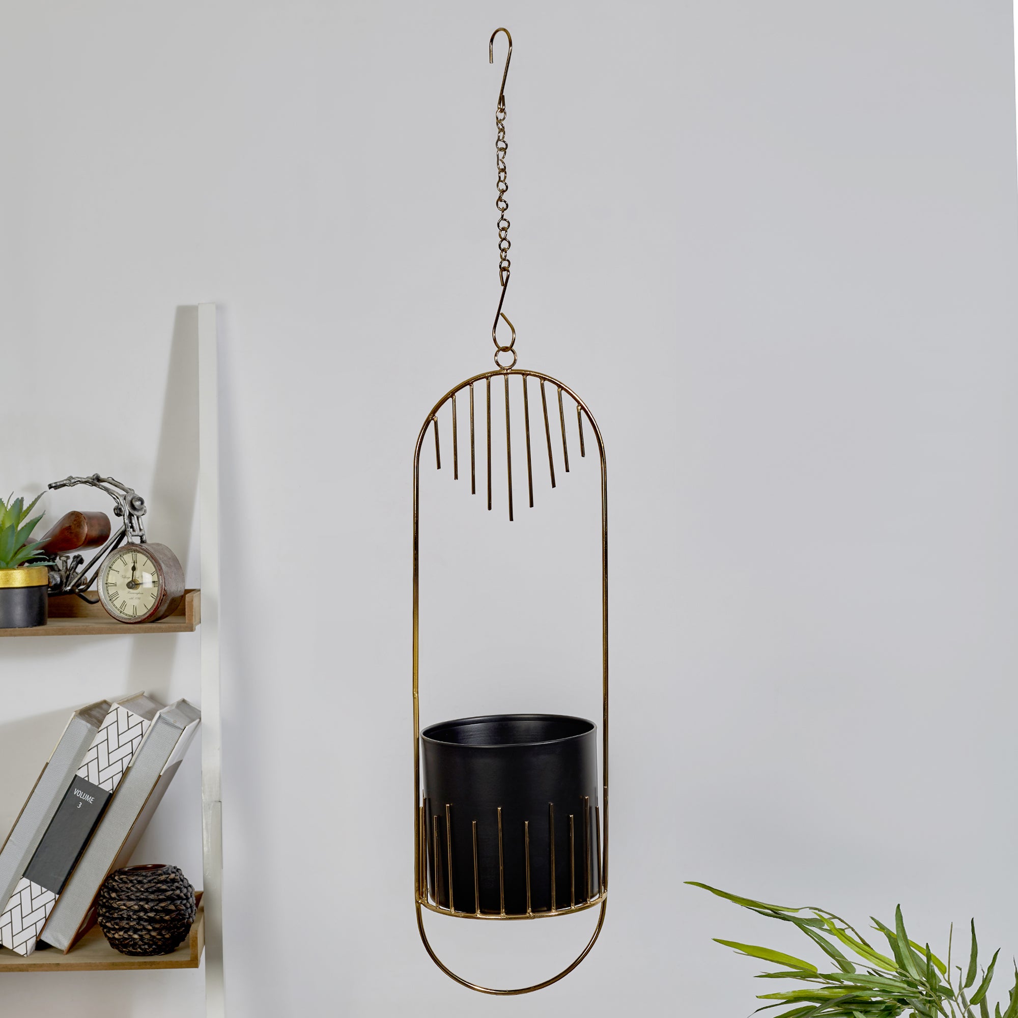 Artiskylar Metal Matt Finish Hanging Planter 58 Cm in Black and Gold Colour
