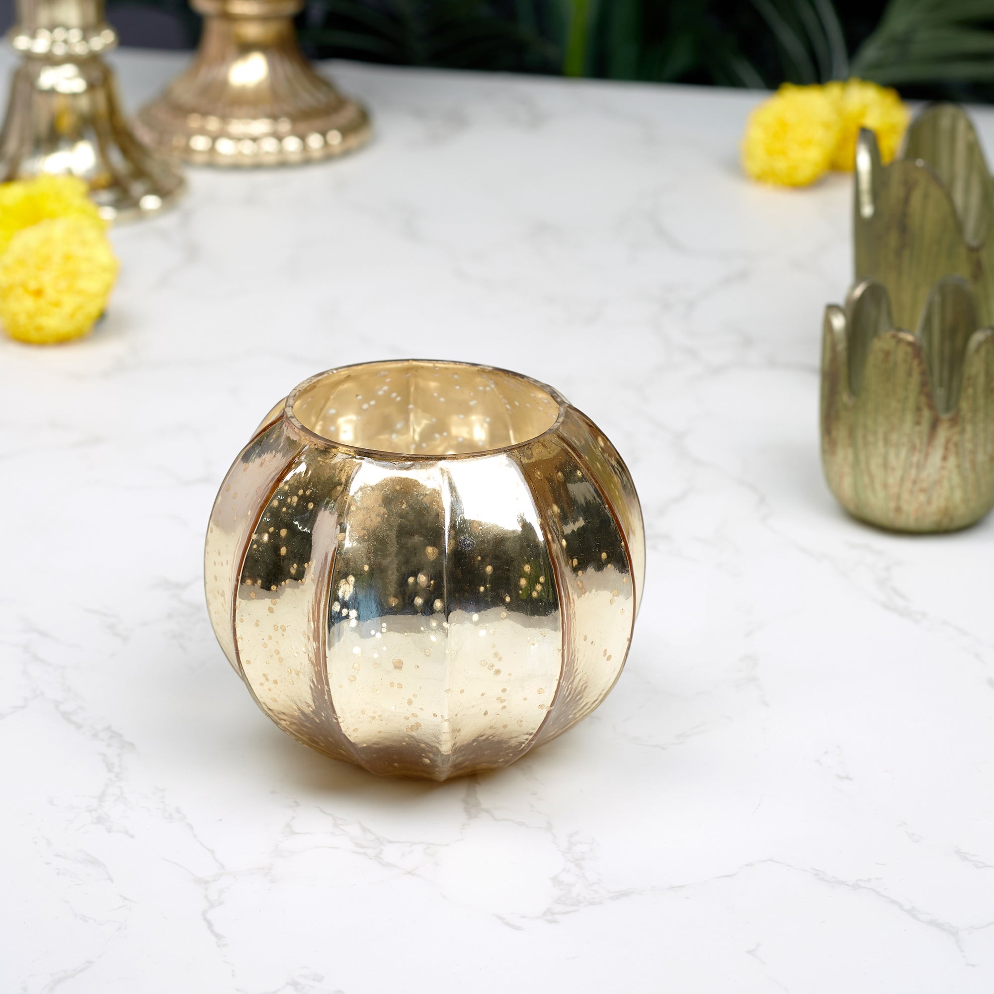 Phiona Glass Pumpkin Handcrafted Mercury Votive 10 Cm in Gold Colour
