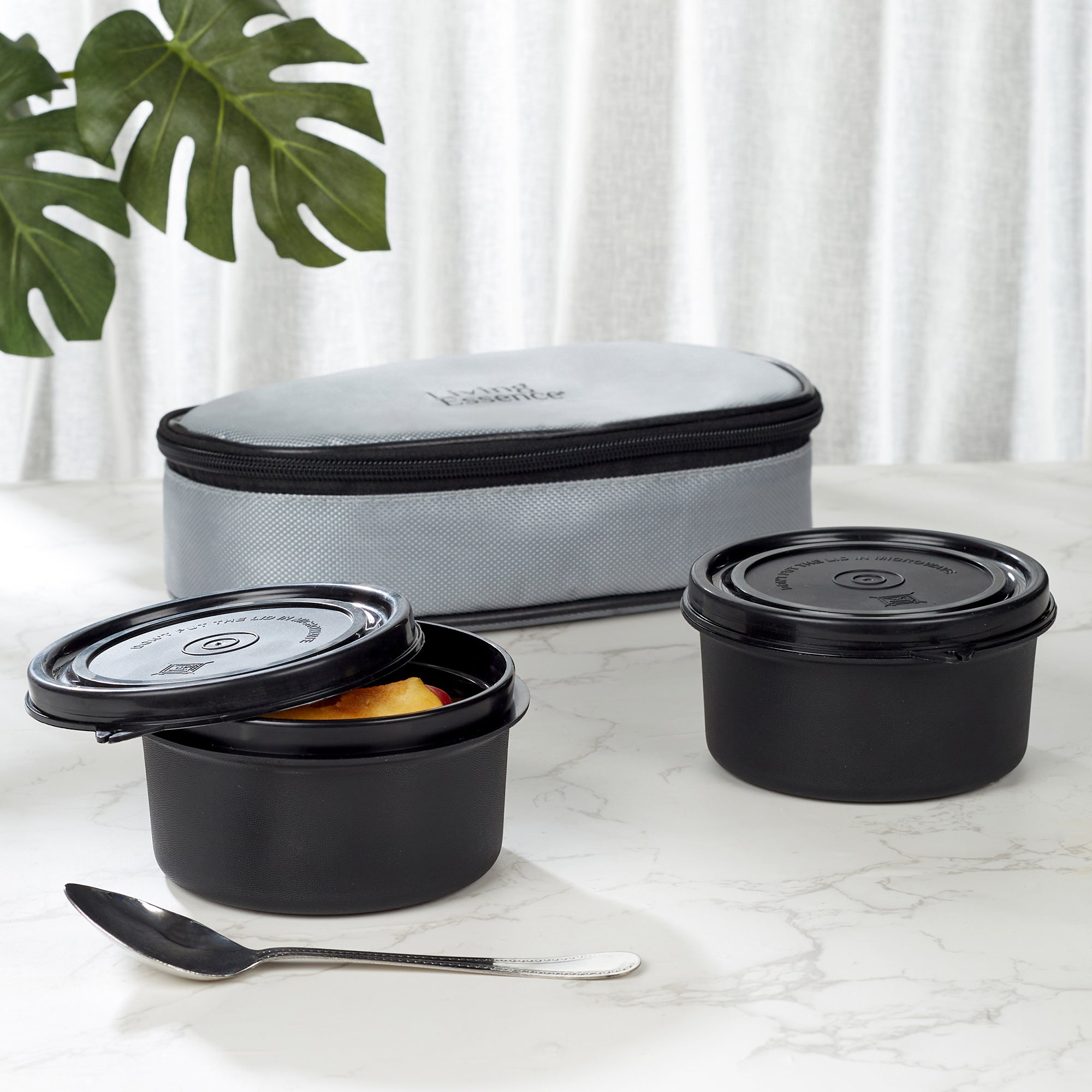 Microsafe 100% BPA Free Plastic & Stainless Steel Mega Lunch Box 400ml Set of 2 + Carry Bag in Grey Colour