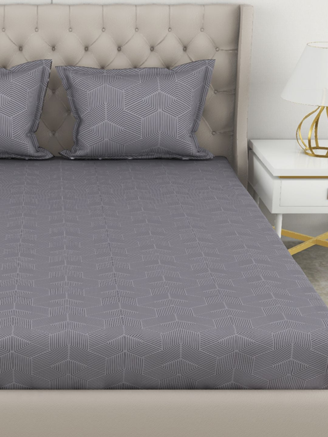 Botanical Cotton King Bed Sheet 274X274 Cm 210 Tc in Grey Colour