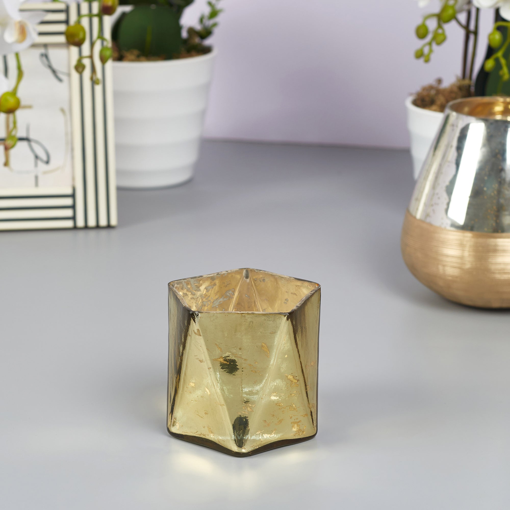 Phiona Glass Hexa Handcrafted Votive Mercury 10 Cm in Gold Colour