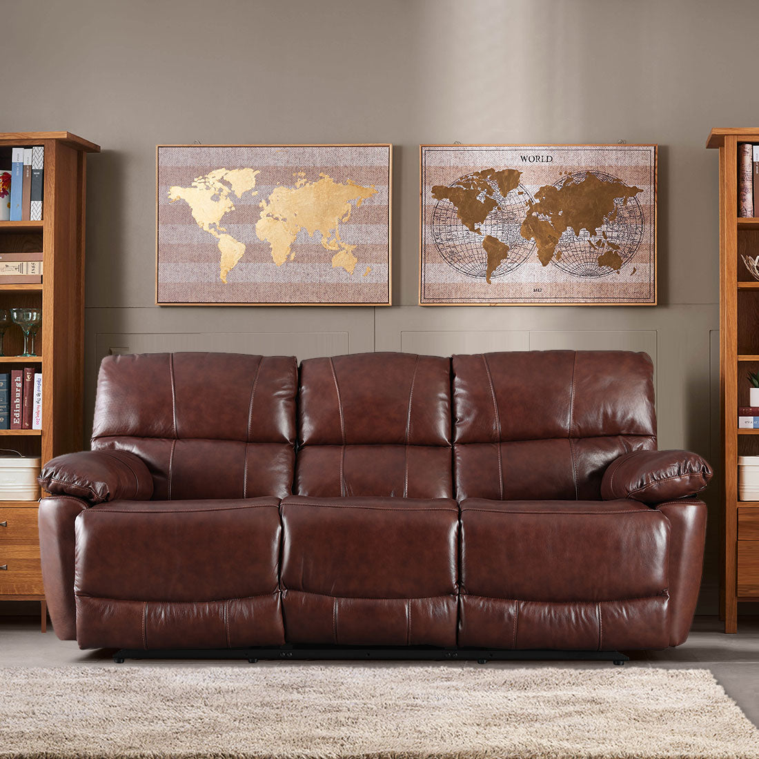 Charles Half Leather Three Seater Recliner in Brown Colour