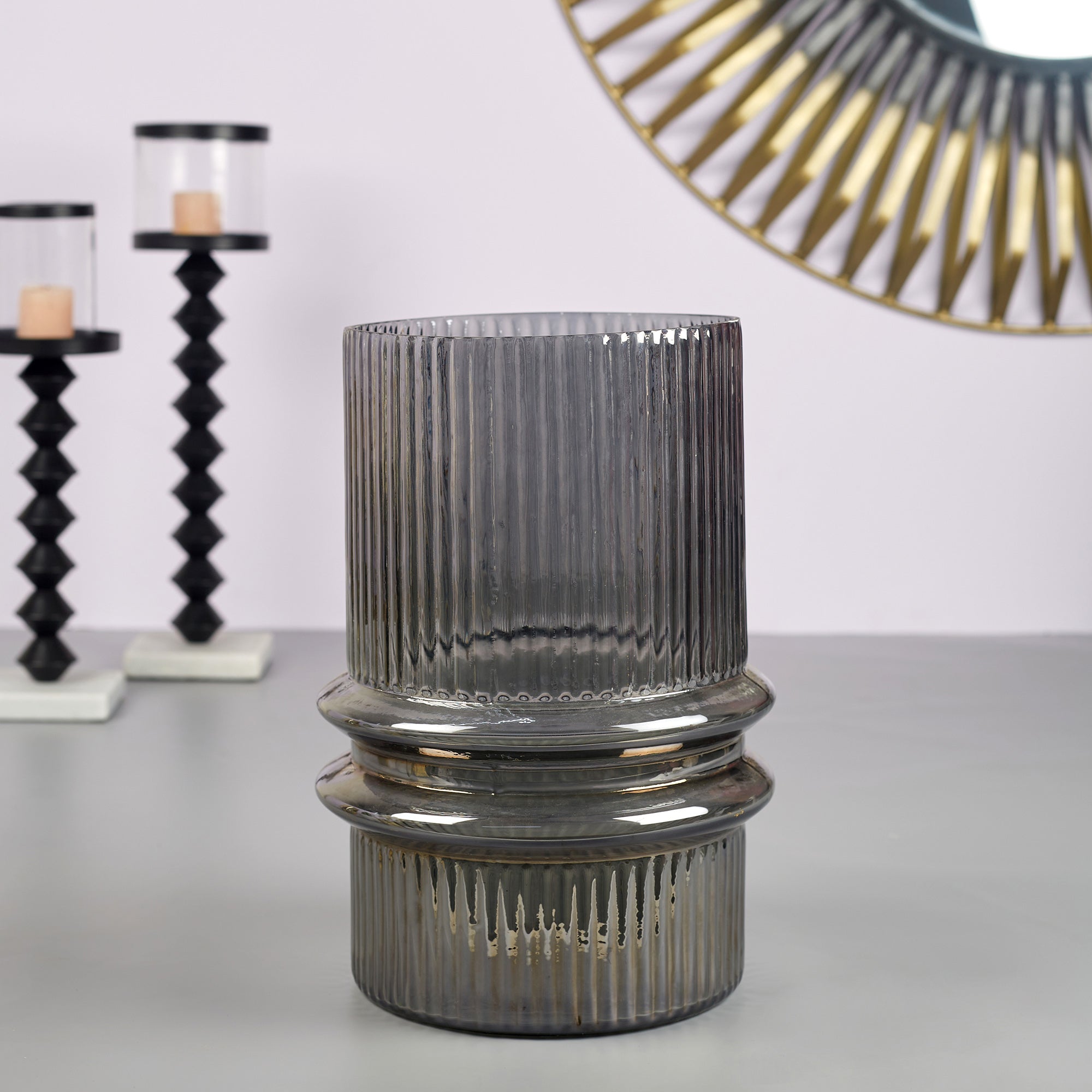 Phiona Glass Fluted Handcrafted Vase Large 31 Cm in Black Colour