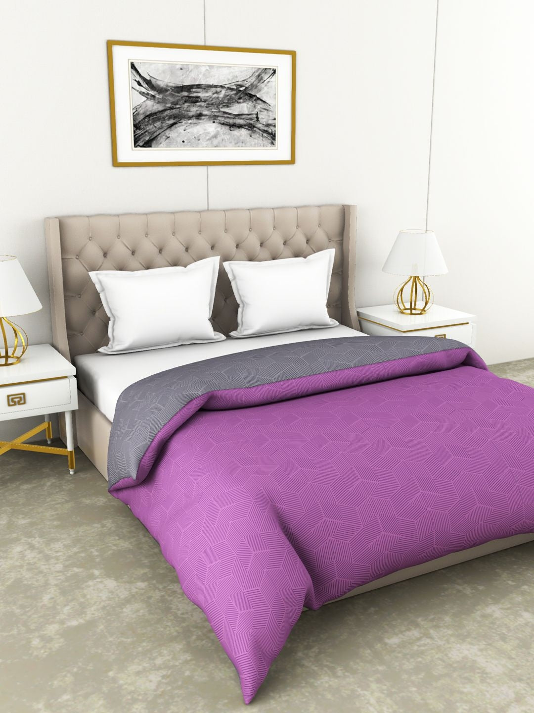 Botanical Cotton Double Comforter 229X254 Cm 210 Tc in Grey/Purple Colour