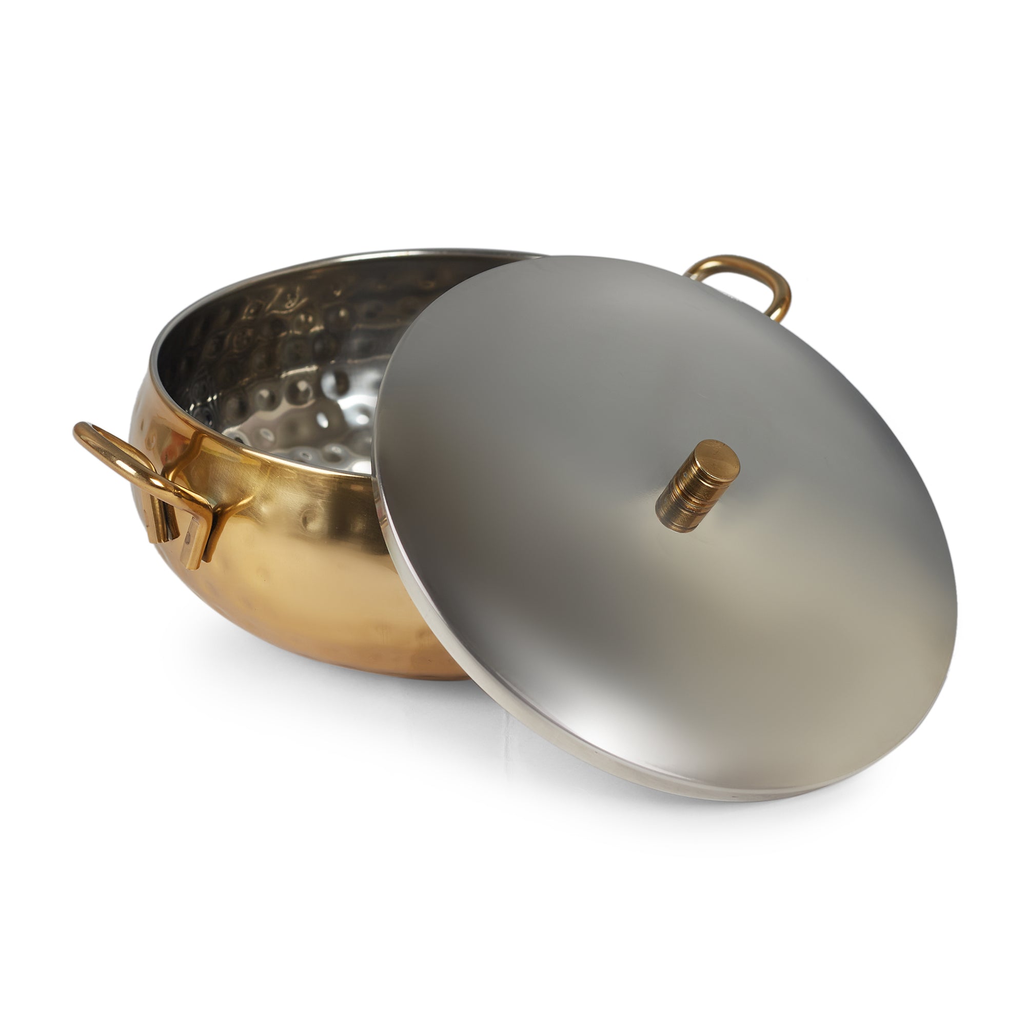Sapphire Stainless Steel Hammered Serving Handi with Lid in Gold & Silver Colour by Living Essence