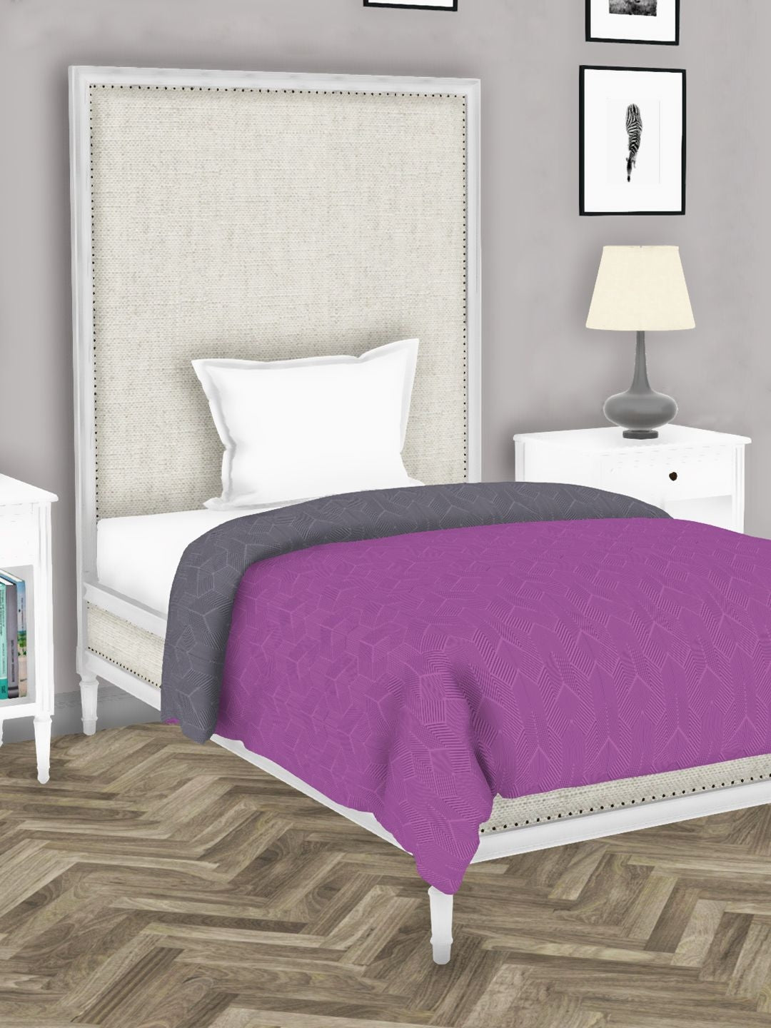 Botanical Cotton Single Comforter 152X229 Cm in Grey/Purple Colour