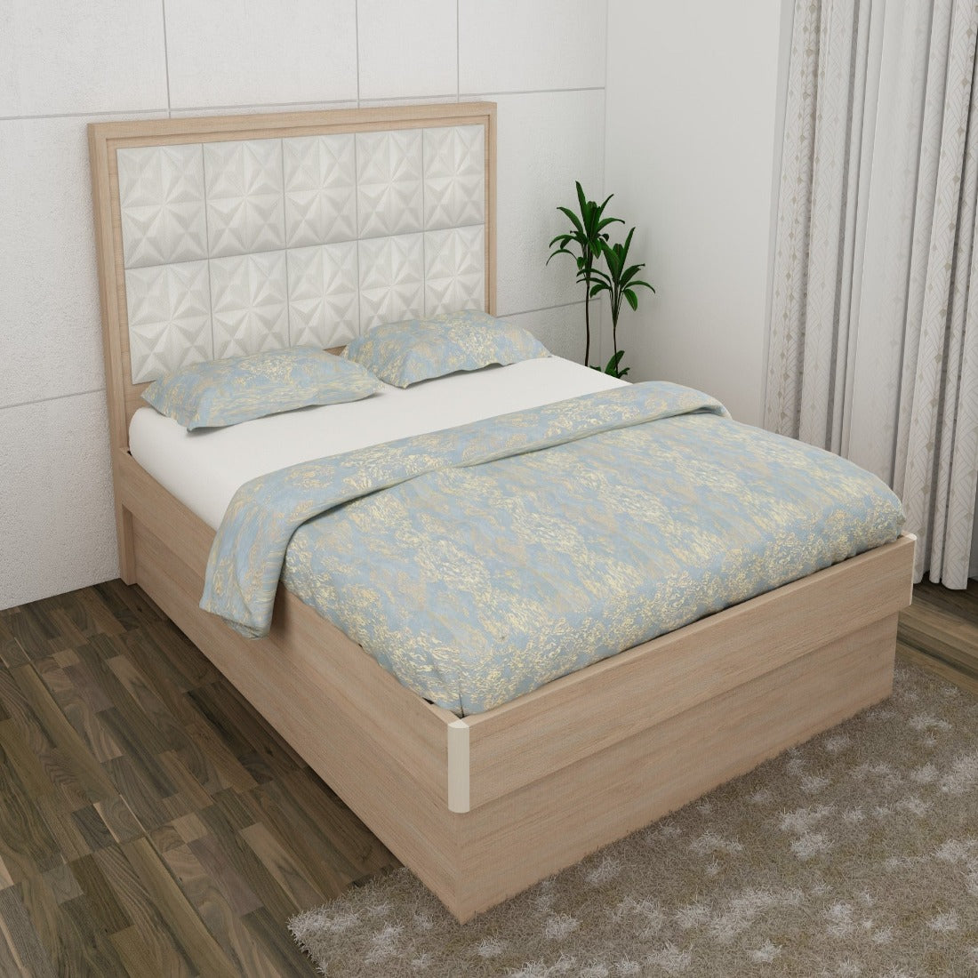 Jordan Queen Bed With Hydraulic storage in Sonam Oak & White Colour