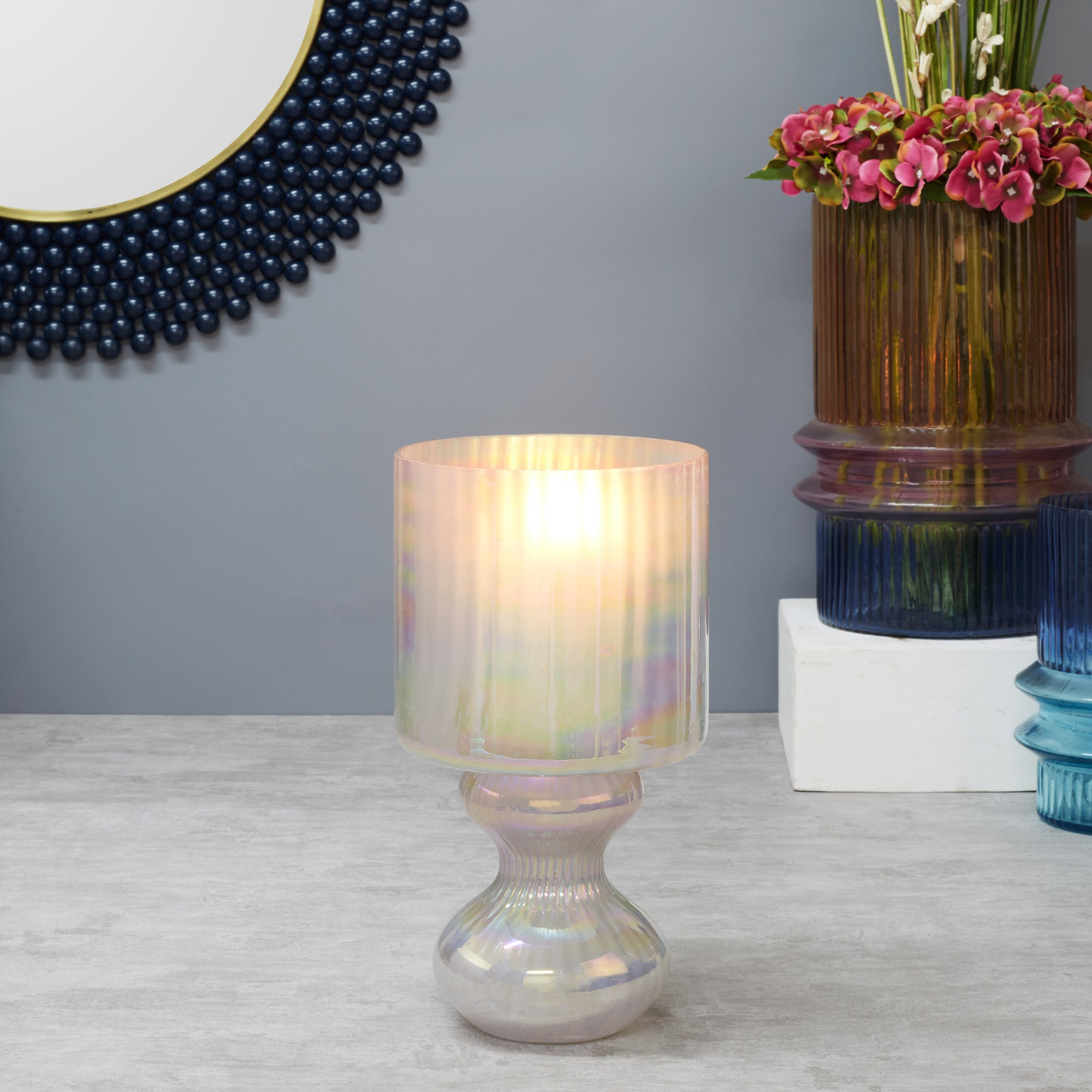 Phiona Glass Fluted Handcrafted Hurricane 29 Cm in Blush Colour