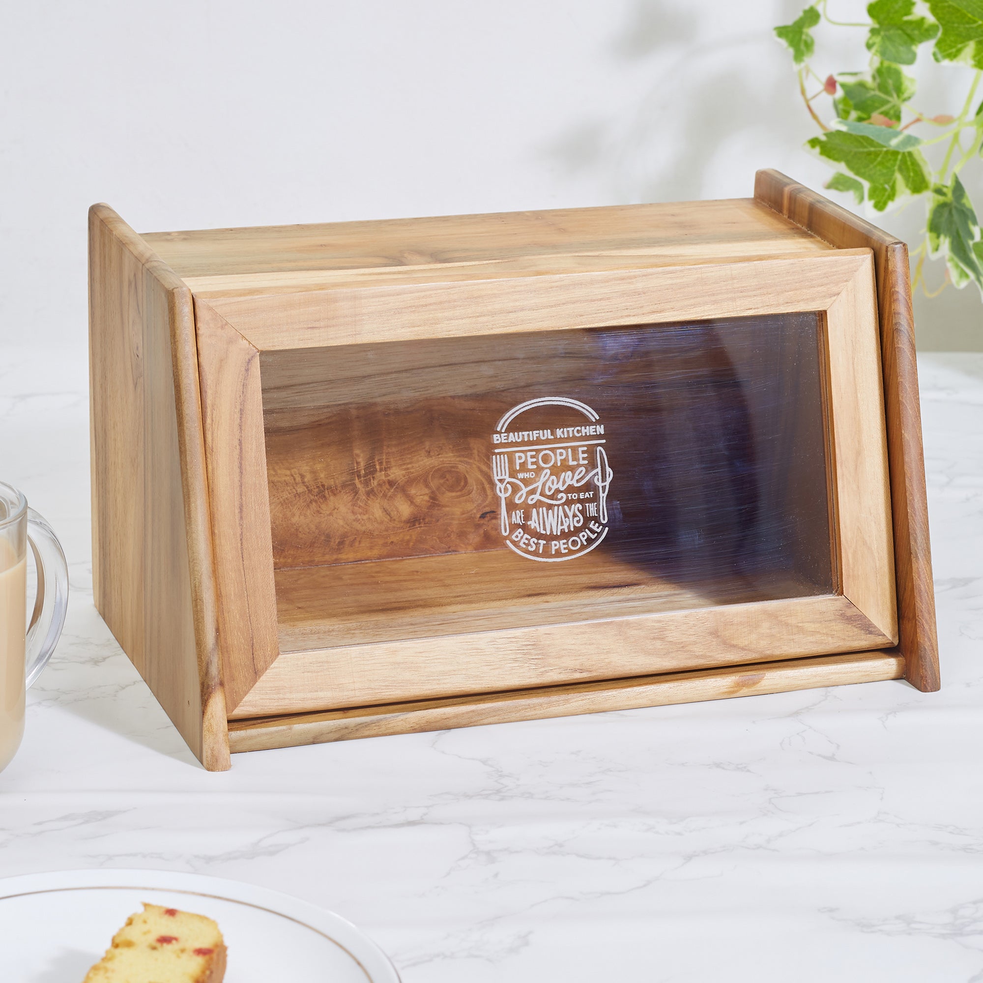 Beautiful Kitchen Wood and Acrylic Bread Box in Brown Colour