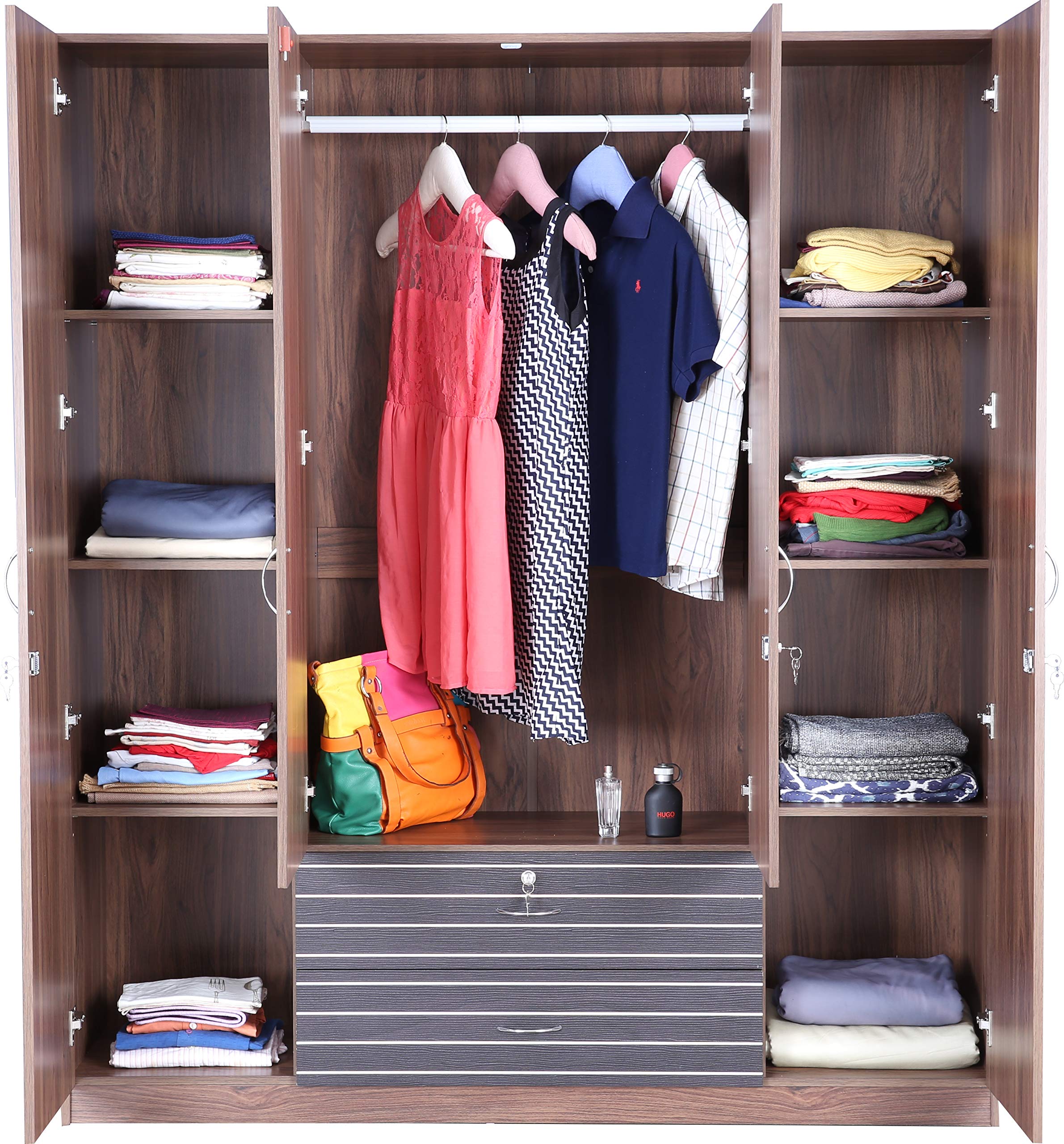 Molly Engineered Wood Four Door Wardrobe with Mirror in Walnut Finish