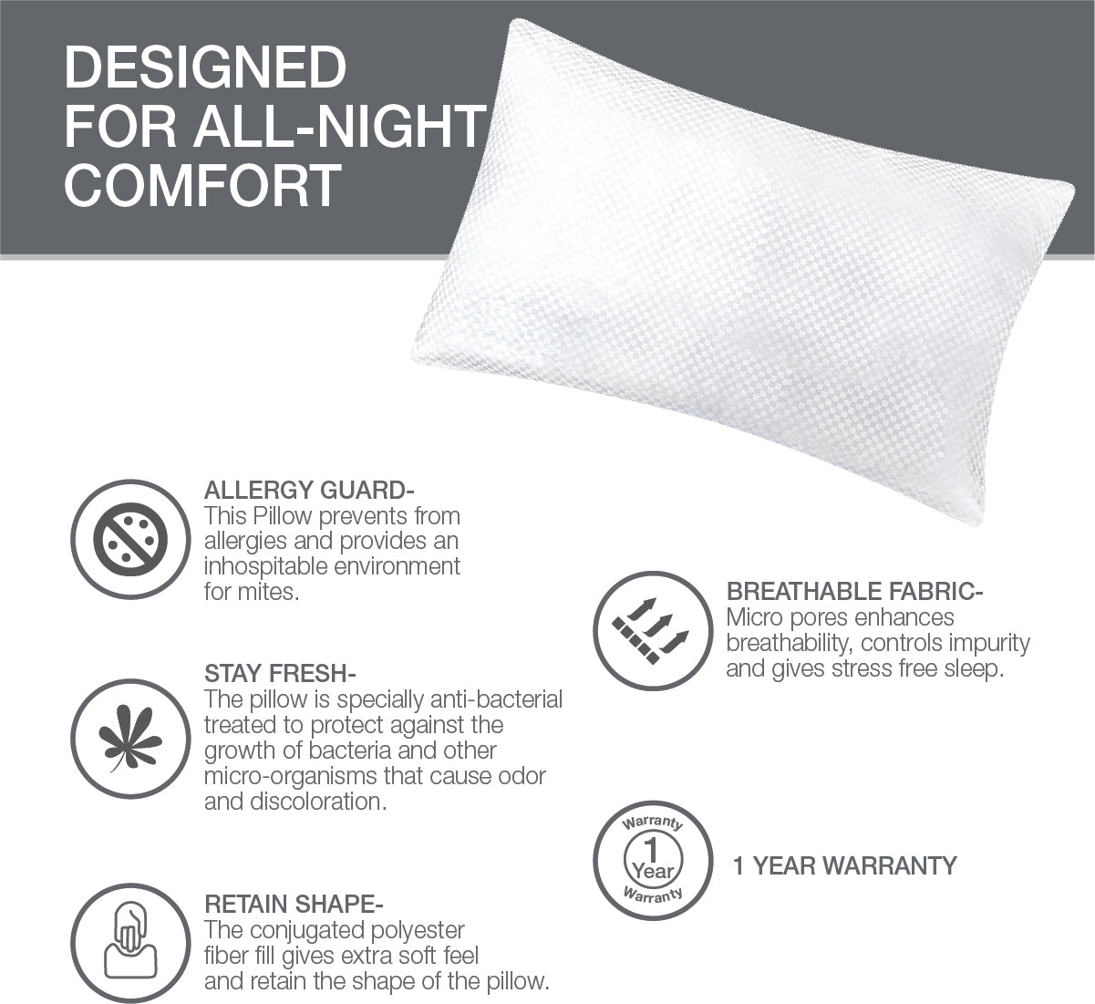 Allergy Guard Anti-Bacterial Pillow 46X68 Cm in White Colour