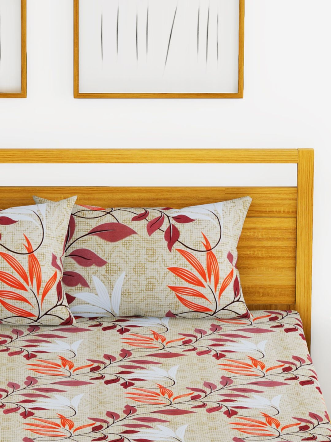 Essenza Cotton King Bed Sheet 220X254 CM in Light Olive & Orange Colour