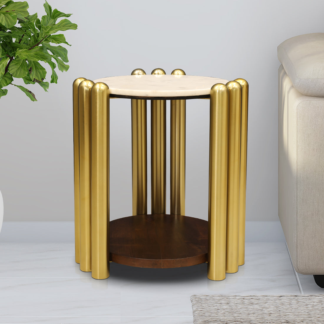 Regalia Marble Top Side Table in White & Gold Colour