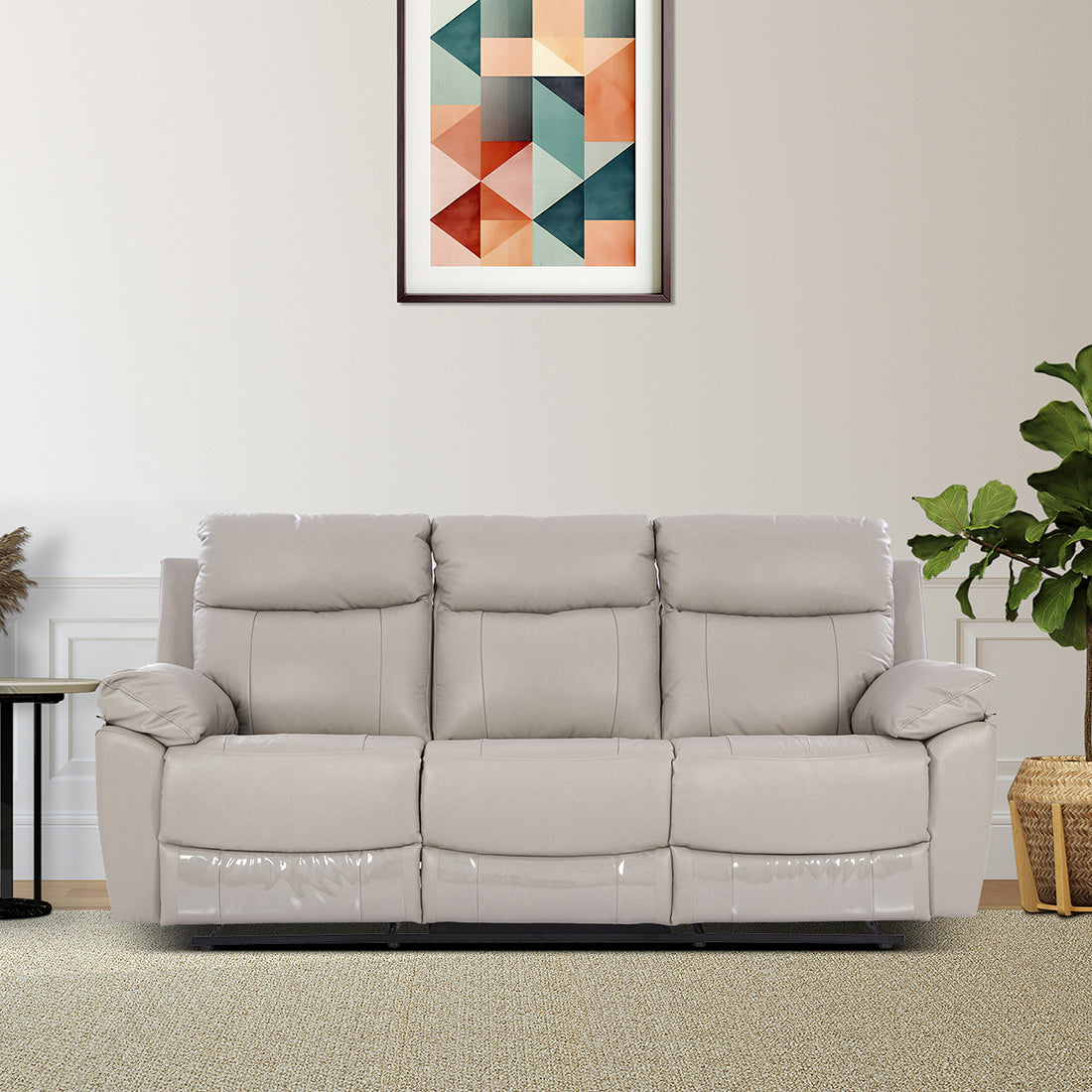 Quantum Half Leather Three Seater Recliner in Light Grey Colour